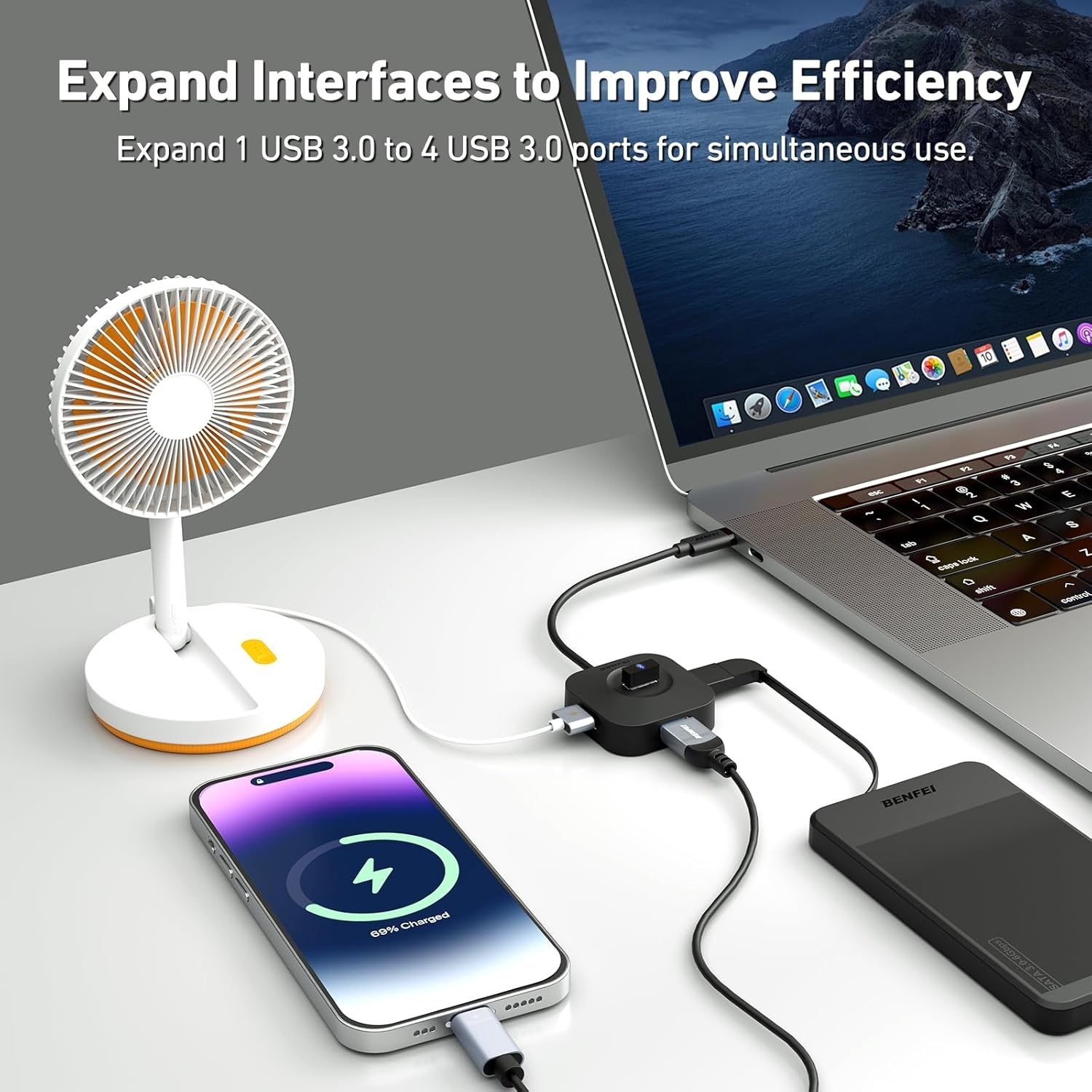 BENFEI 371BK USB-C 4-port USB 3.0 Hub view 2