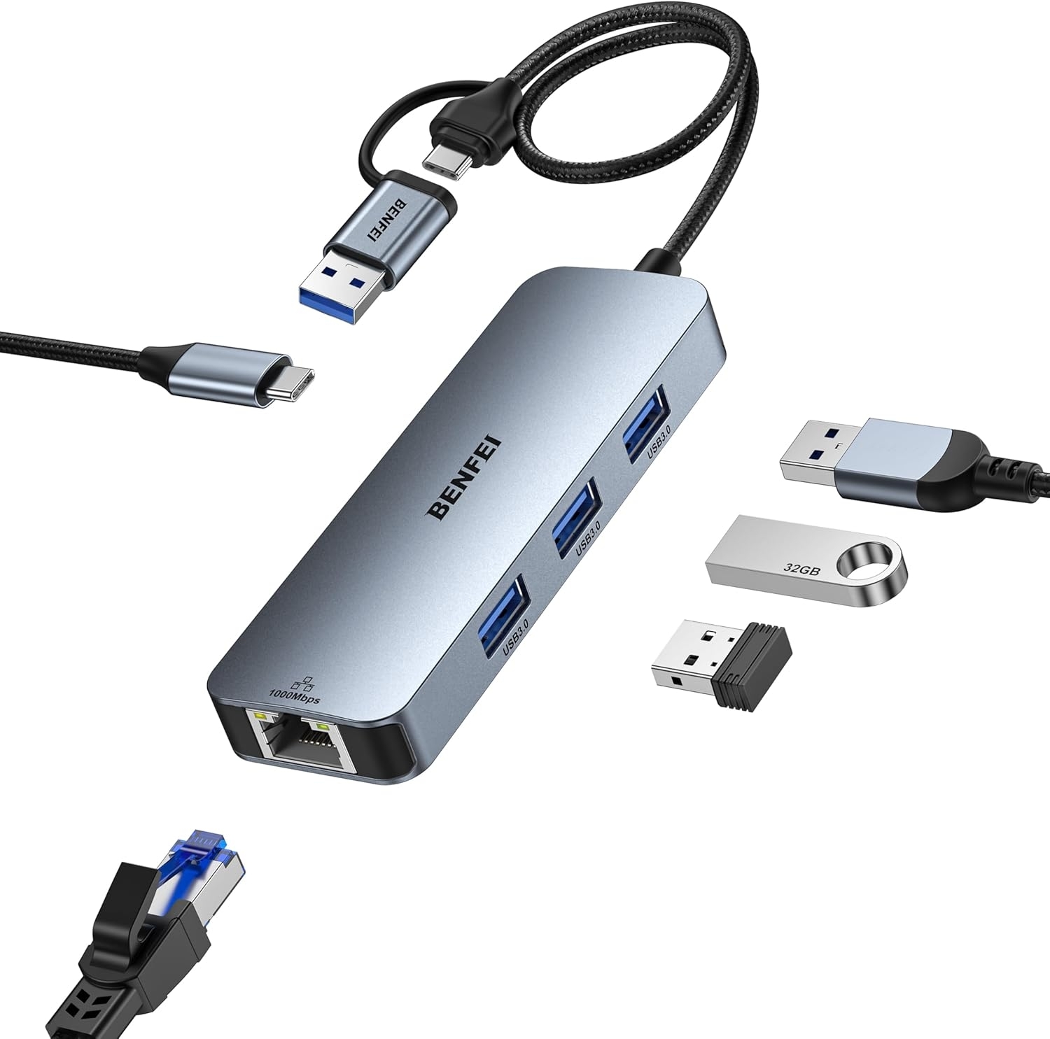 BENFEI 000386GY USB-C + USB 3.0 to Gigabit RJ45 + 3 Port USB 3.0 Hub