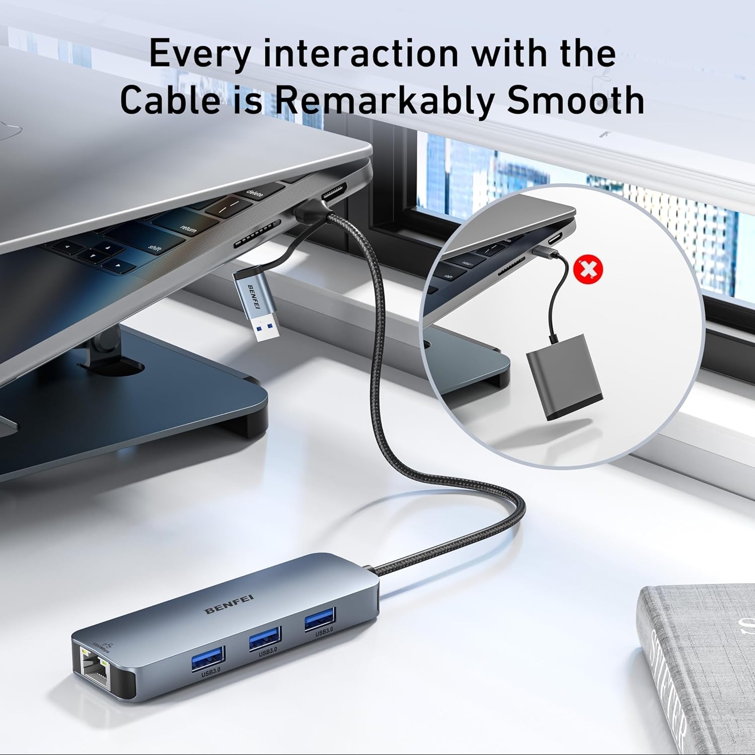 BENFEI 000386GY USB-C + USB 3.0 to Gigabit RJ45 + 3 Port USB 3.0 Hub view 2