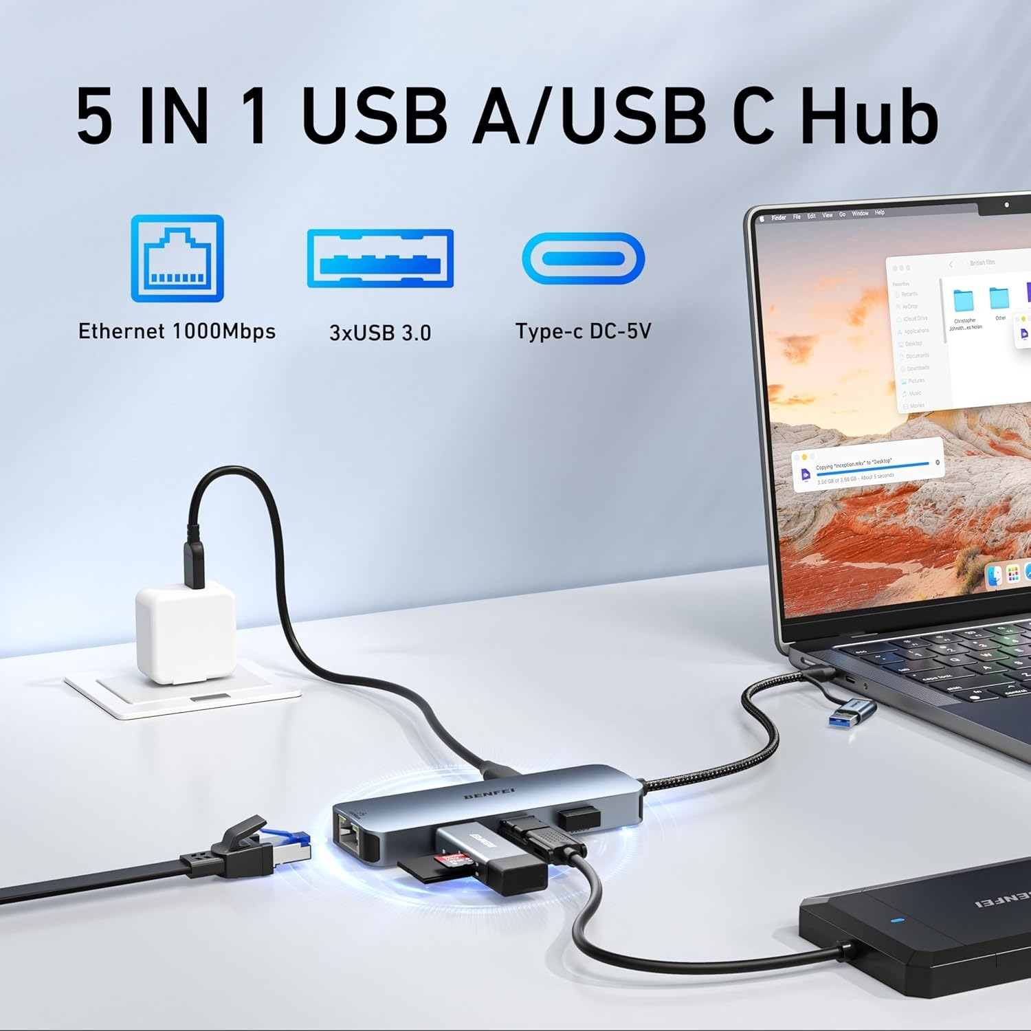 BENFEI 000386GY USB-C + USB 3.0 to Gigabit RJ45 + 3 Port USB 3.0 Hub view 3