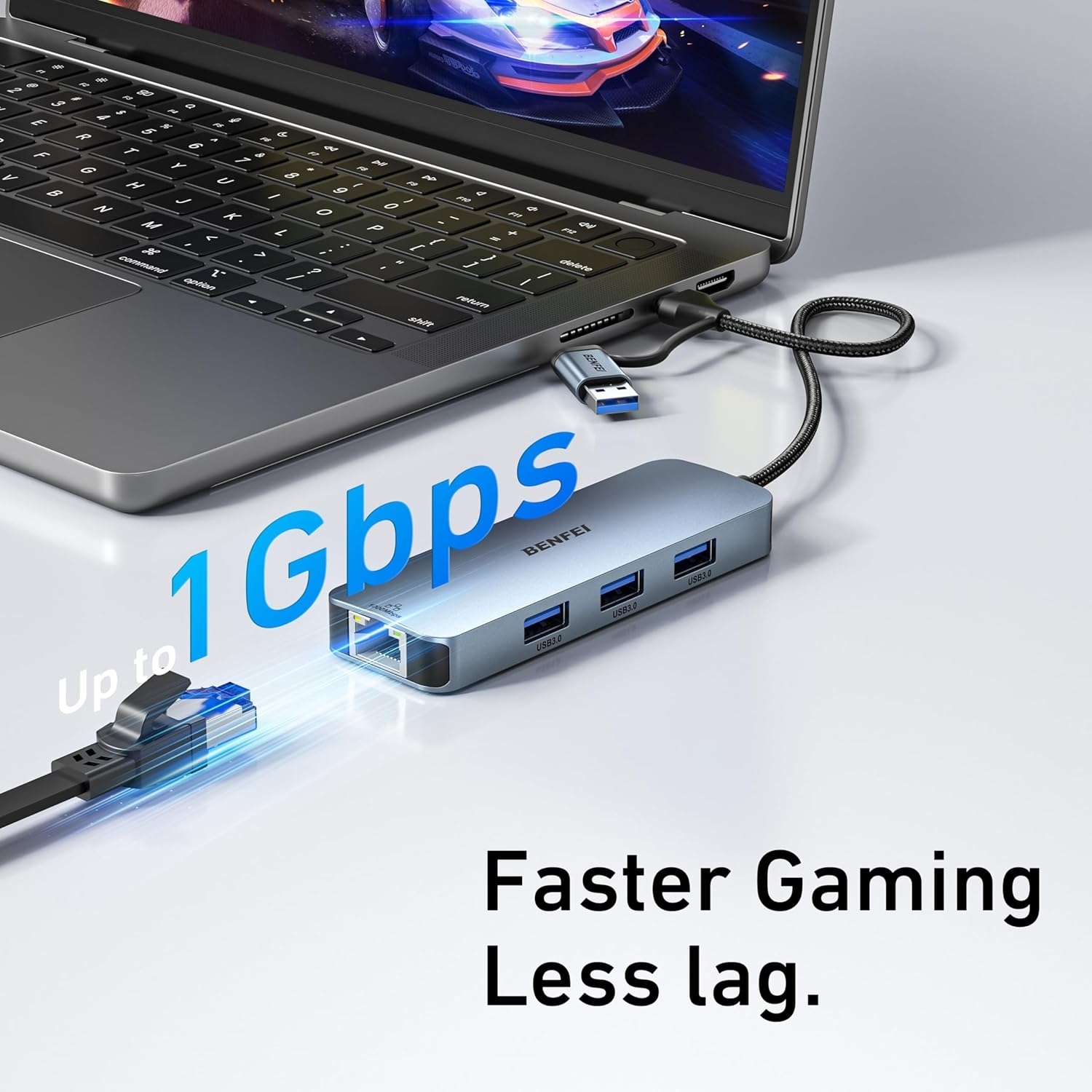 BENFEI 000386GY USB-C + USB 3.0 to Gigabit RJ45 + 3 Port USB 3.0 Hub view 4