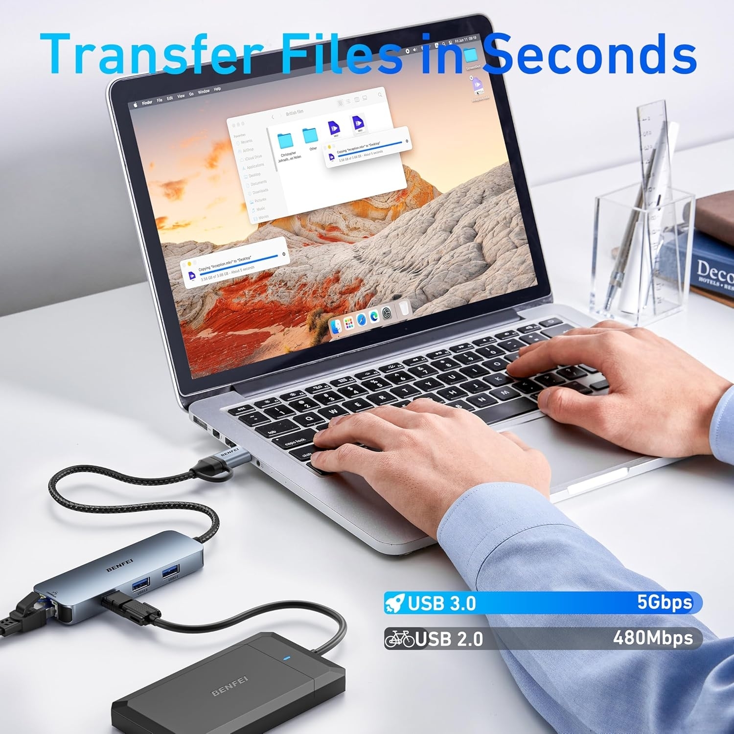 BENFEI 000386GY USB-C + USB 3.0 to Gigabit RJ45 + 3 Port USB 3.0 Hub view 5