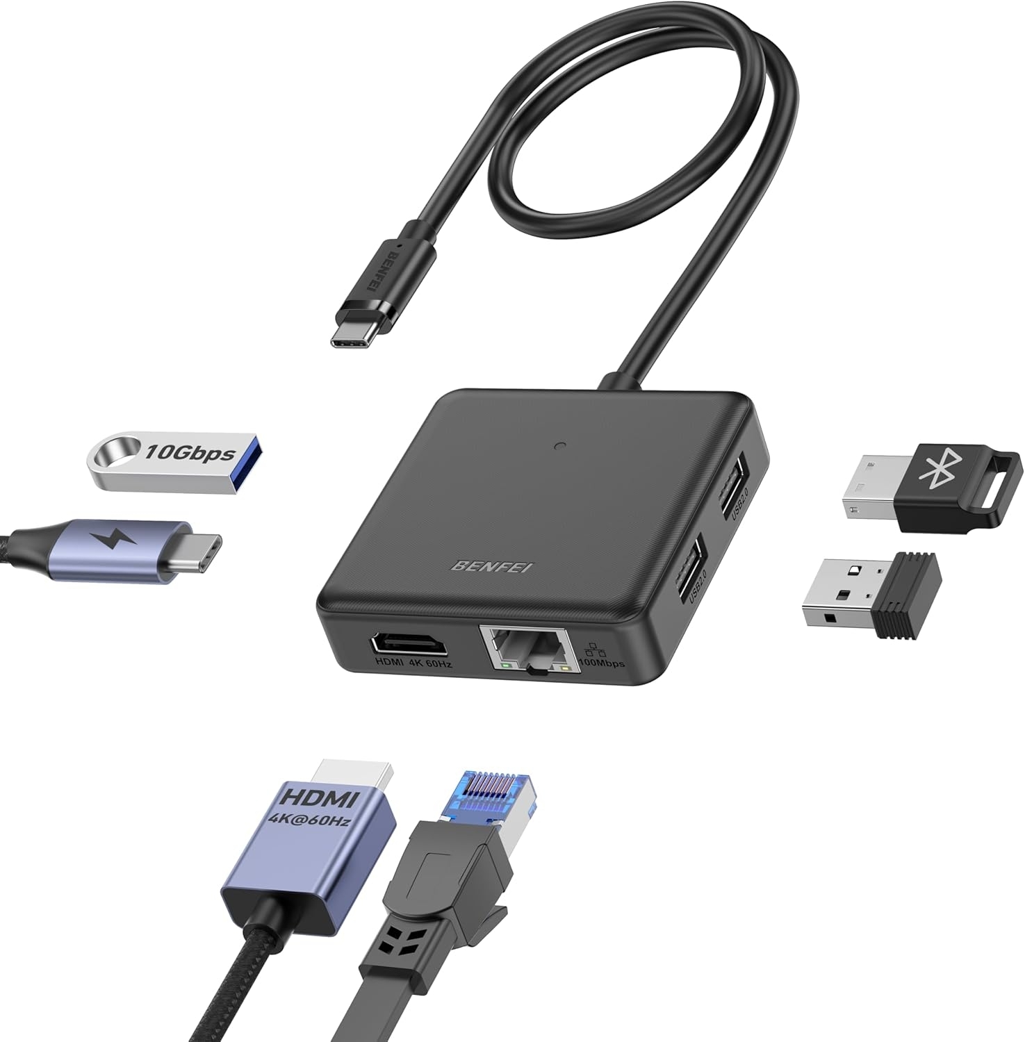 BENFEI 399BK 6-in-1 USB-C HUB to HDMI(8K)+USB3.2(10Gbps)+USB2.0x2+PD100W+RJ45