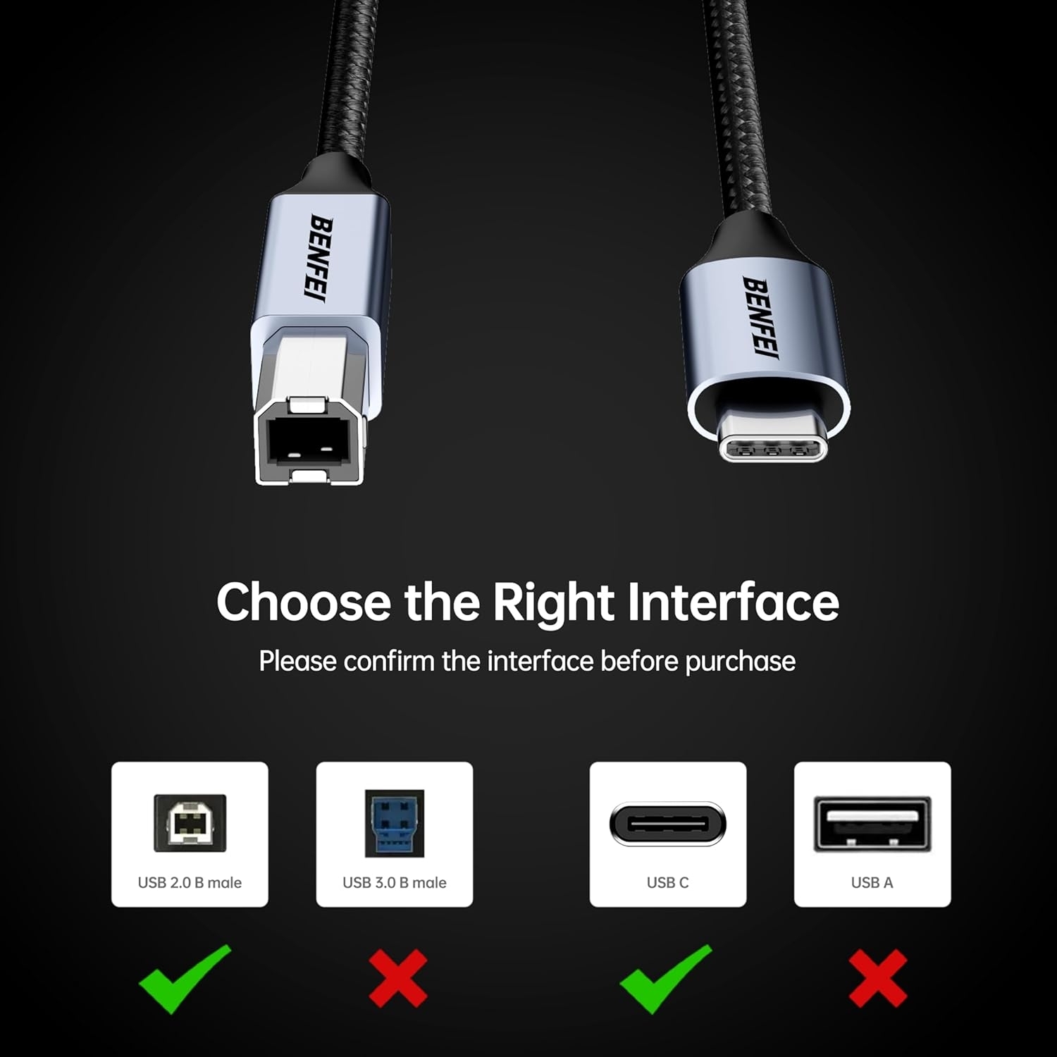 BENFEI 405GY-2M USB B to USB C Printer Cable view 6