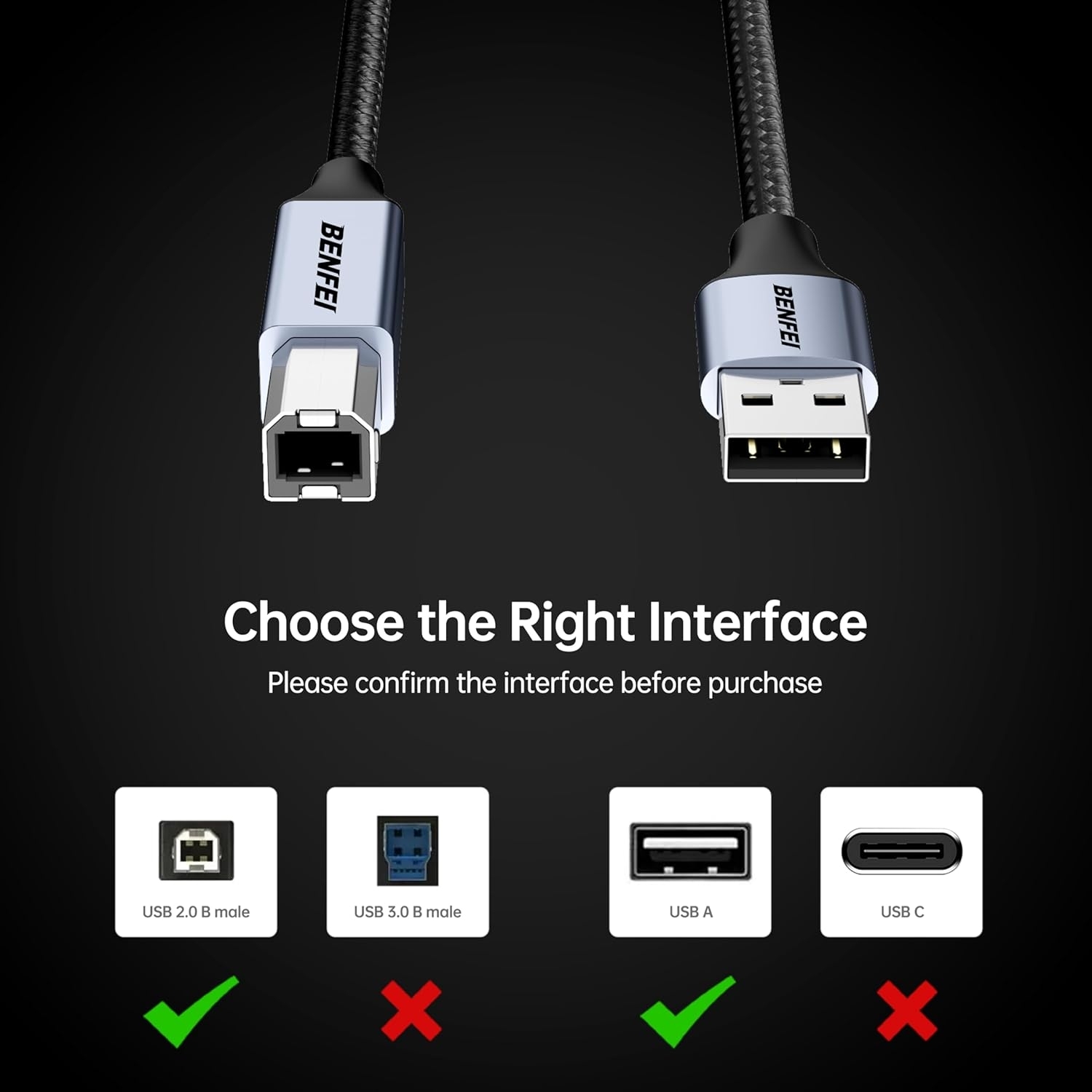 BENFEI 000406GY-2M USB Printer Cable, 6.6 FT/2 Meter USB A to USB B Cable view 7