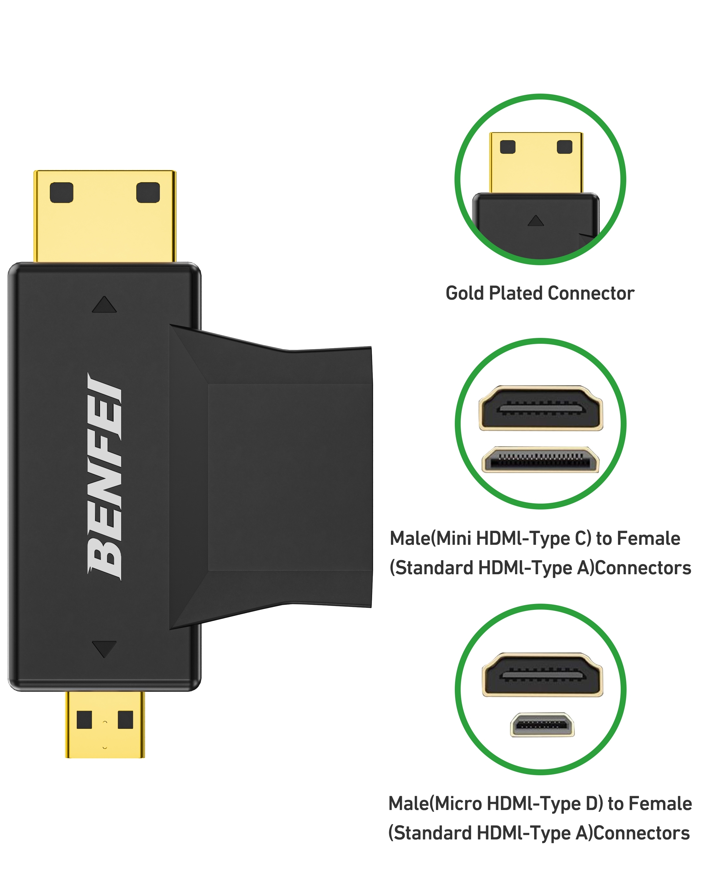 BENFEI 434BK Micro HDMI + Mini HDMI male to HDMI female Adapter view 4