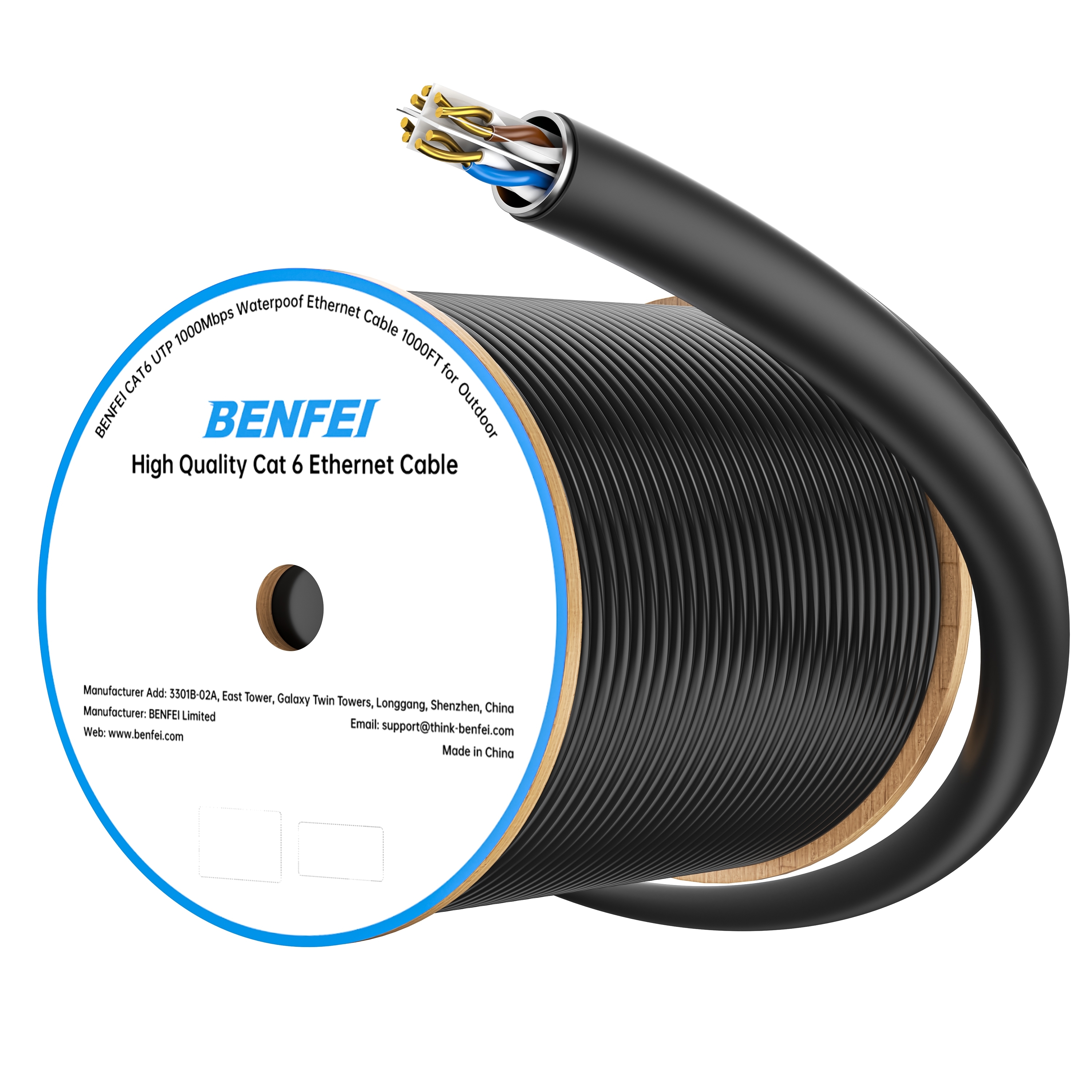BENFEI 000701BK-305M CAT6 UTP 1000Mbps Waterproof Ethernet Cable 1000FT for