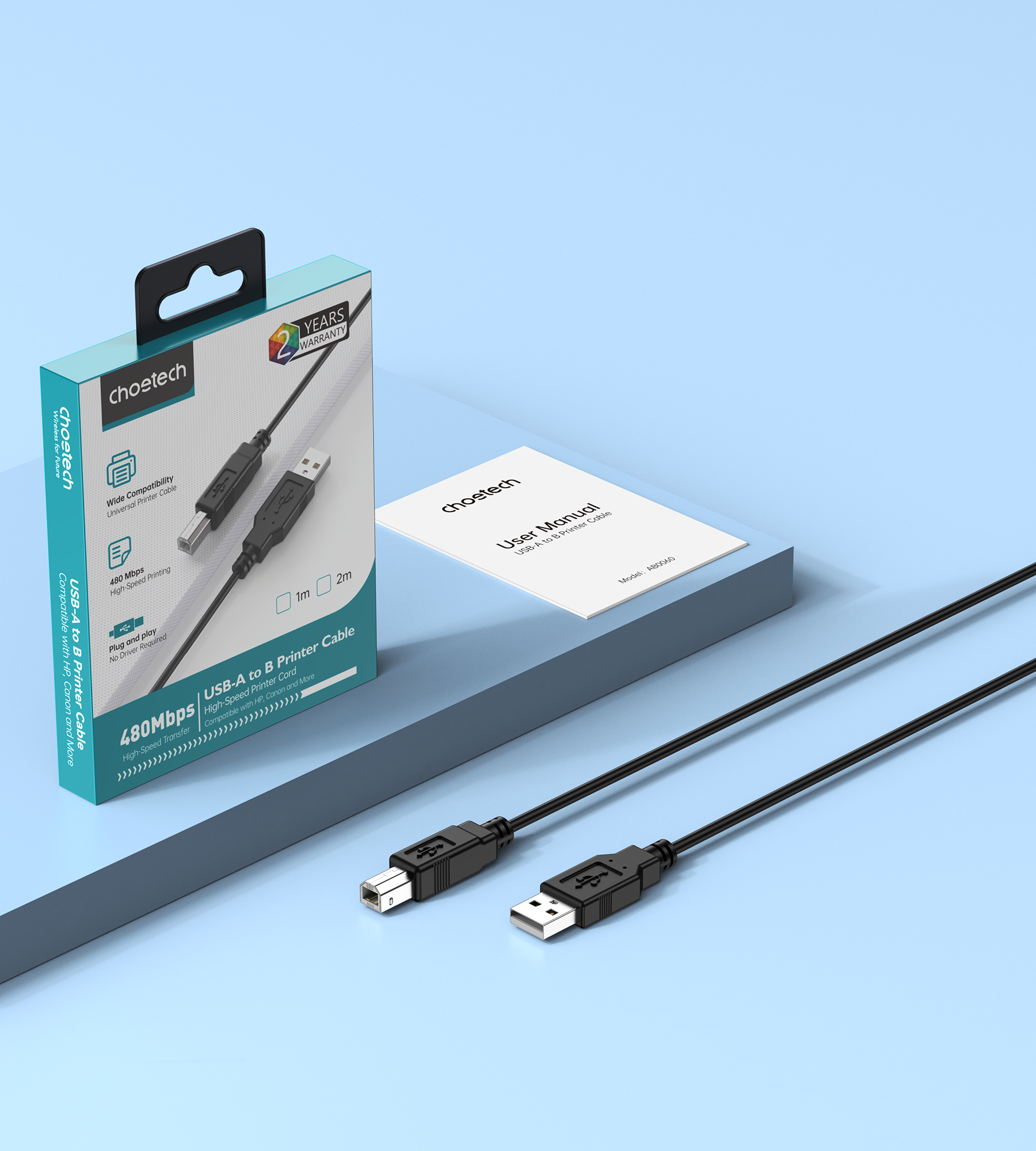 Choetech AB0060-2M USB A to B Printer 2meter Cable Black view 7