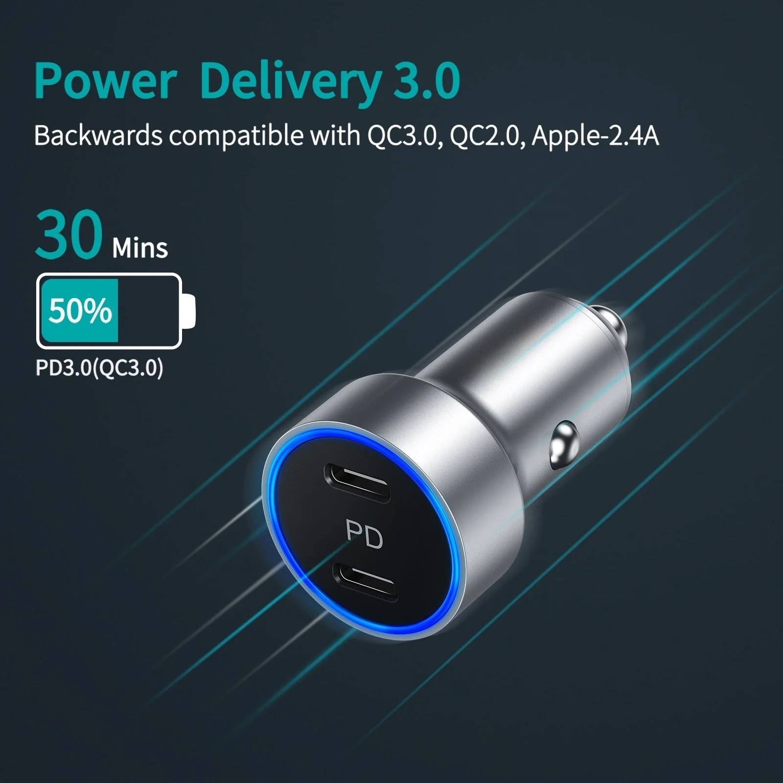 CHOETECH C0054-SL Dual Port PD 40W USB-C Car Charger Adapter Silver view 2