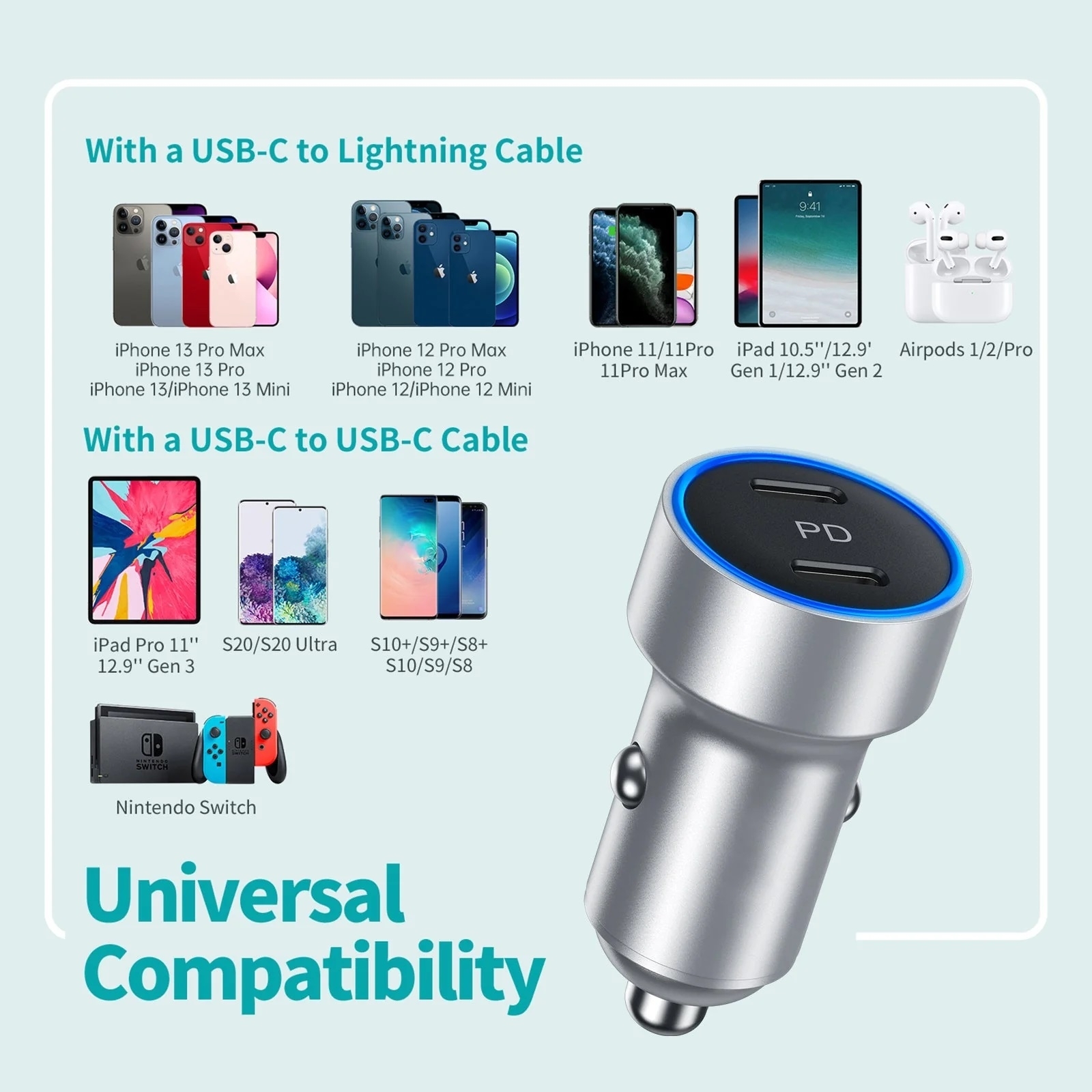 CHOETECH C0054-SL Dual Port PD 40W USB-C Car Charger Adapter Silver view 3
