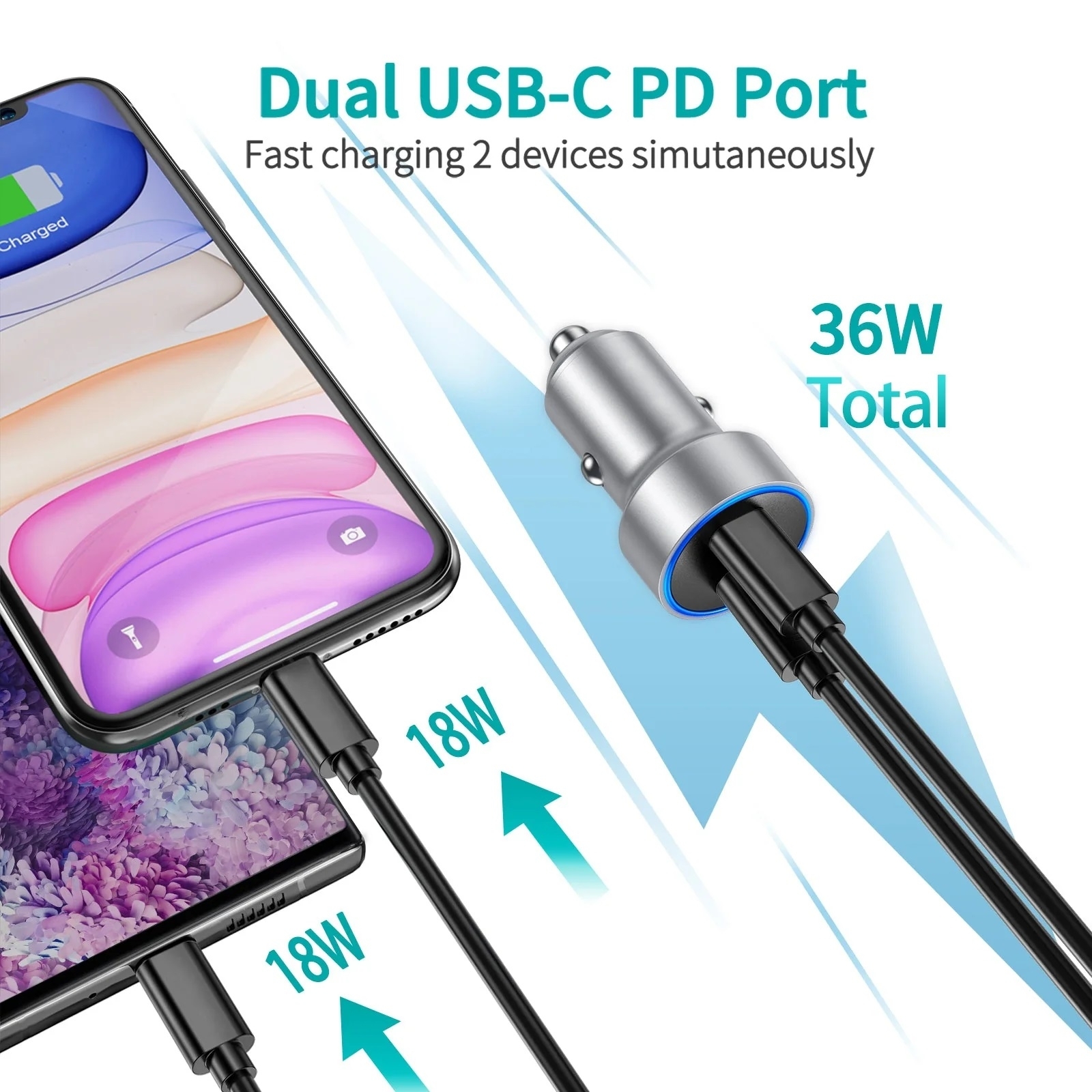 CHOETECH C0054-SL Dual Port PD 40W USB-C Car Charger Adapter Silver view 4