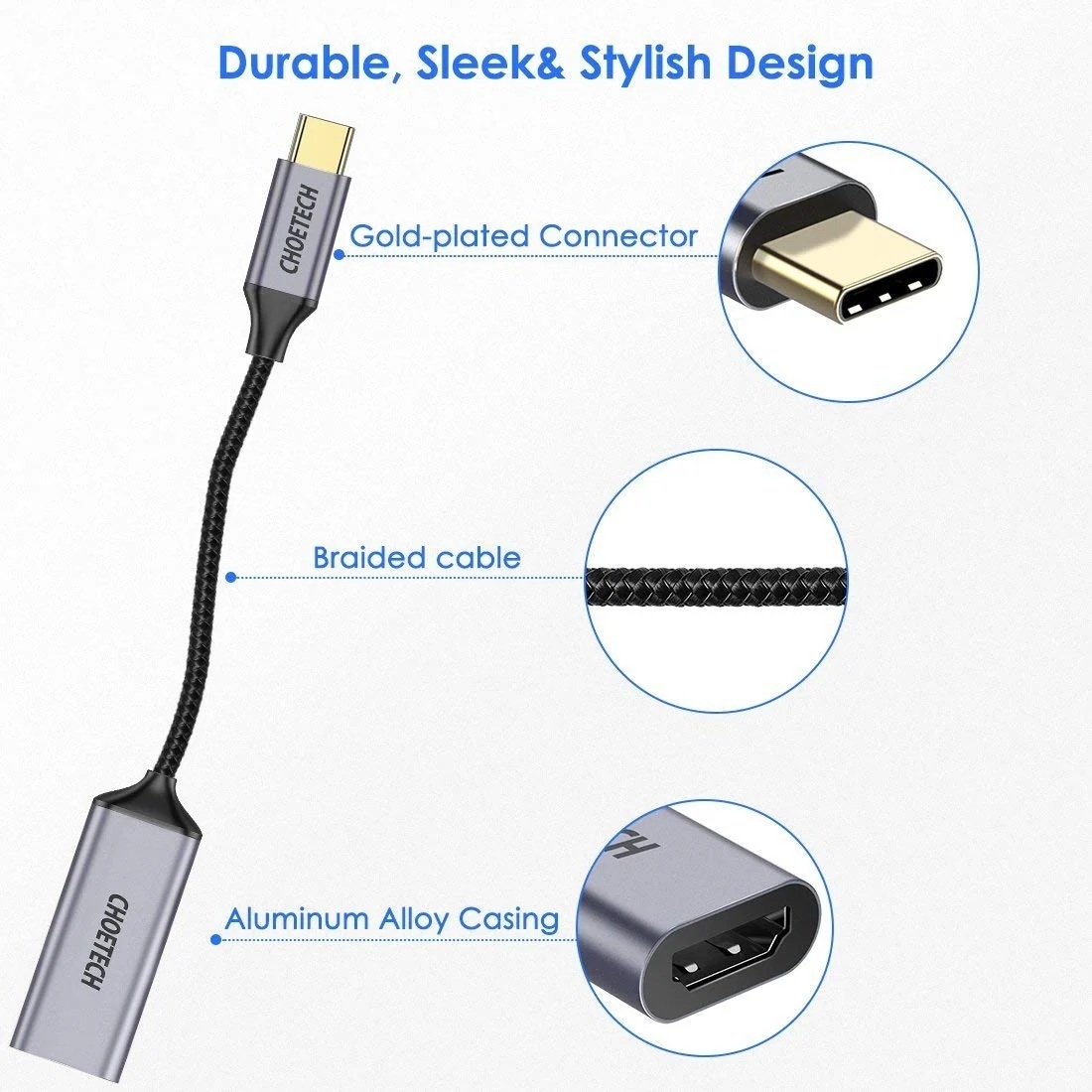 CHOETECH HUB-H21 USB-C to HDMI 4k 60Hz Braided Video Cable Cord Adapter view 4