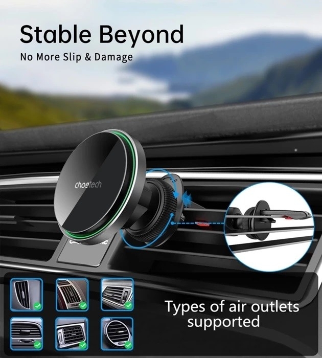 CHOETECH T204-F 15W Magnetic Car Charger Holder with LED Light (Aluminium view 5