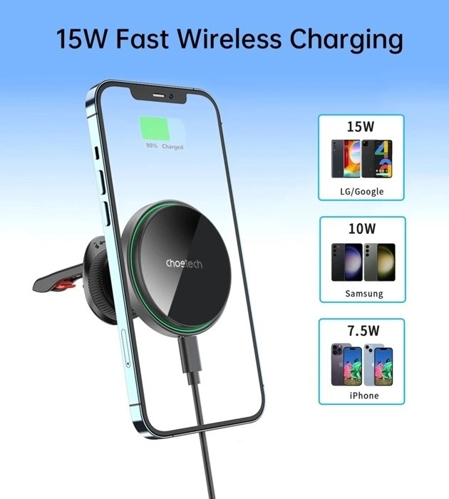 CHOETECH T205-F 15W Magnetic Car Charger Holder with LED Light (PC housing) view 2