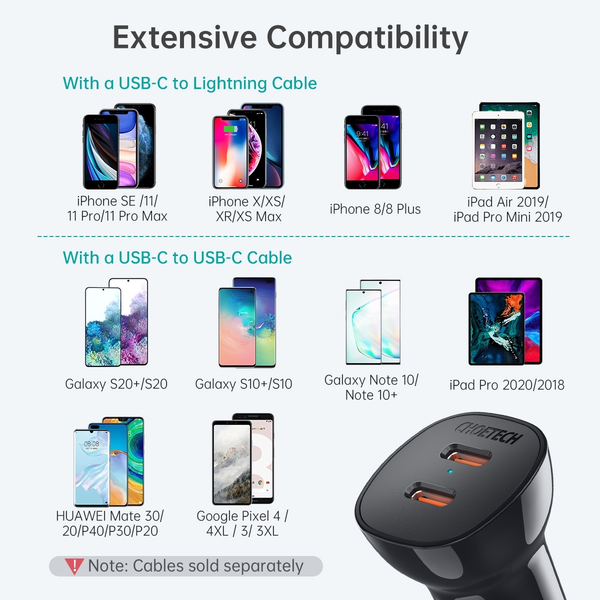 CHOETECH TC0008-BK Dual USB-C 36W Car Charger Adapter Black view 2