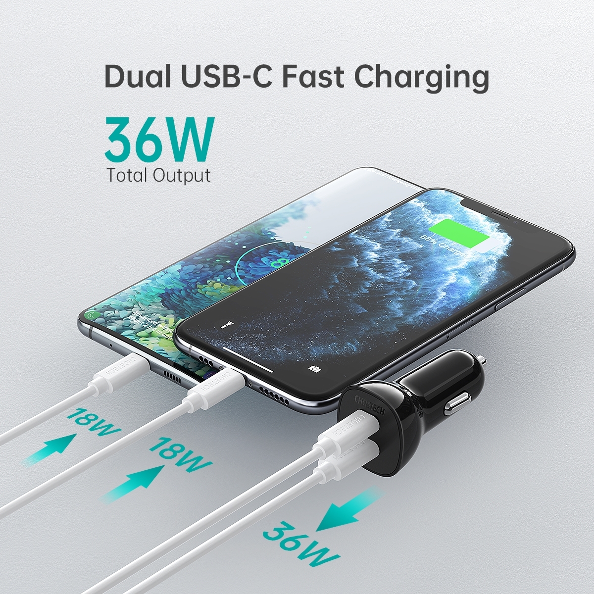 CHOETECH TC0008-BK Dual USB-C 36W Car Charger Adapter Black view 5