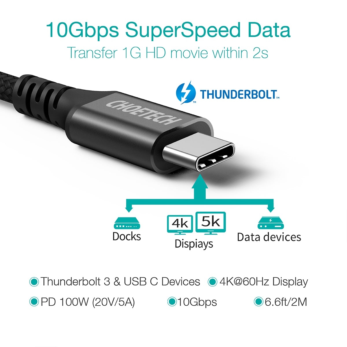 CHOETECH XCC-1007 USB Type-C Braided Fast Charging Cable (20V 5A 2M) view 2