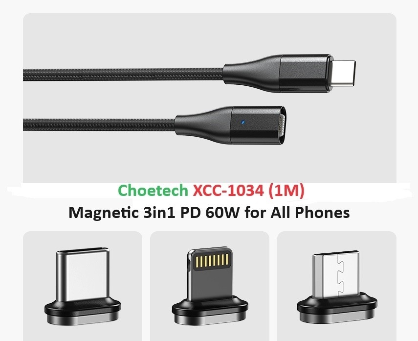 CHOETECH XCC-1034 60W C to C 1M Cable with 3 Replaceable Connecter view 3