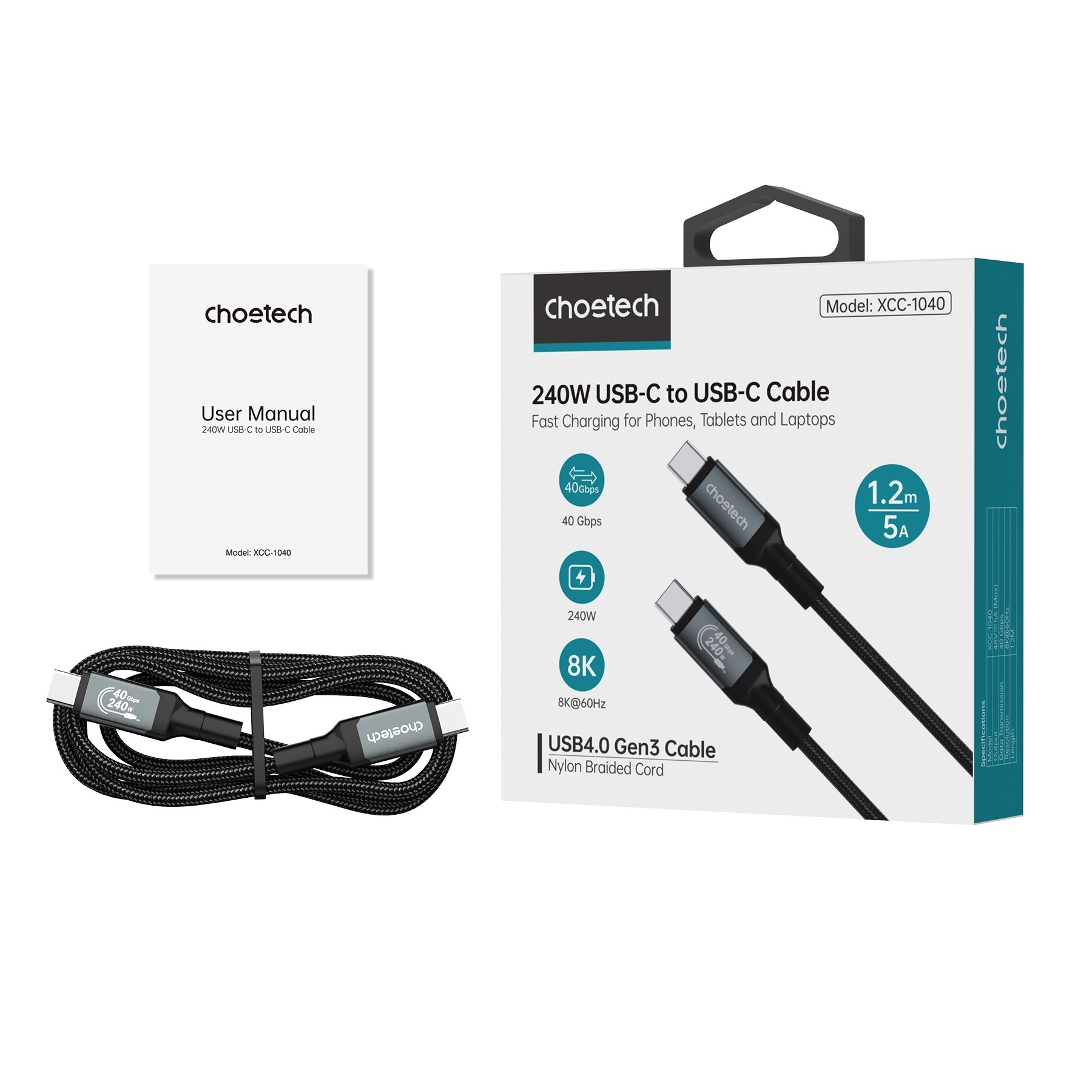 CHOETECH XCC-1040 USB-C M to M 240W Super Fast Speed Gen3 Cable 1.2M view 11