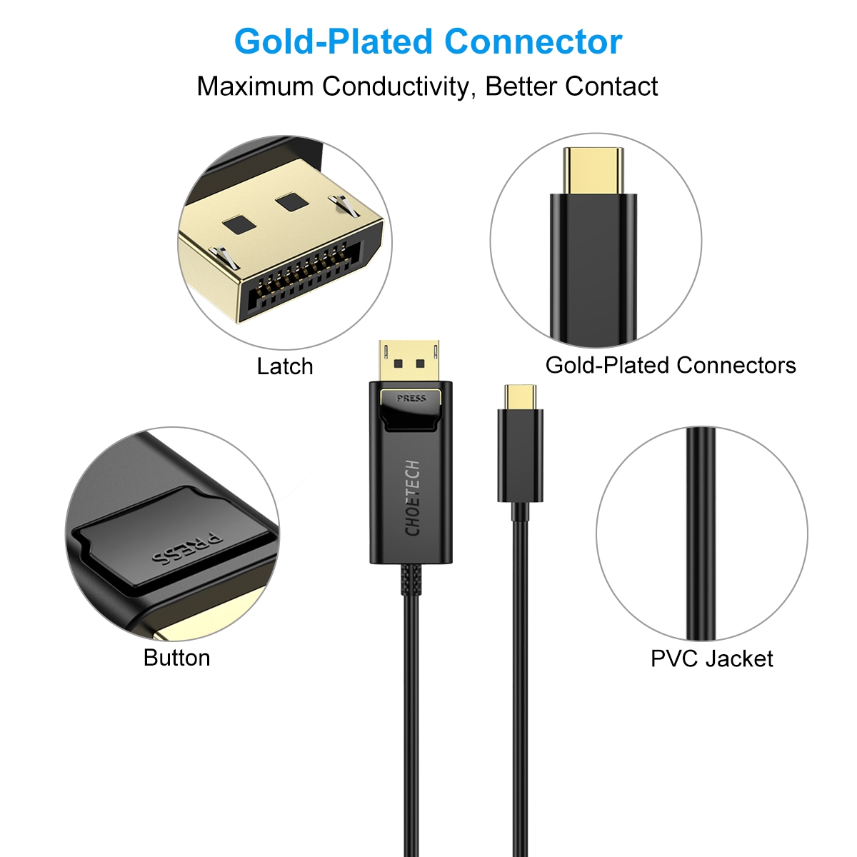 Choetech XCP-1801BK USB-C to DisplayPort Cable 1.8m view 2