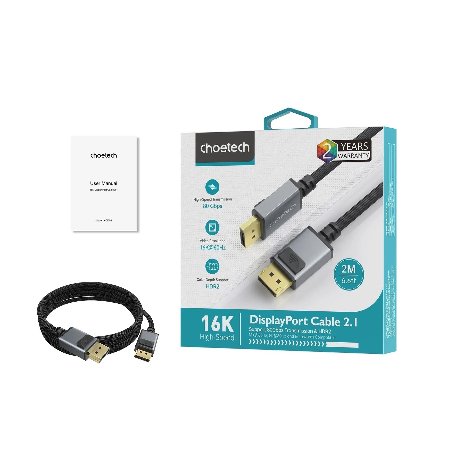 CHOETECH XDD02 16K 60Hz DP to DP Cable 2M view 3