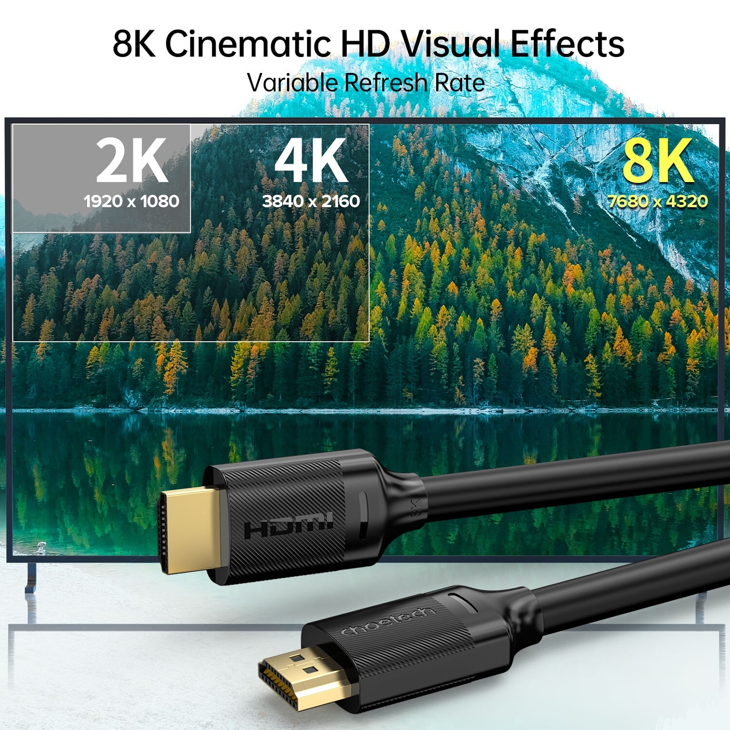 CHOETECH XHH-TP20 8K HDMI 2.1 Cable 8K@60Hz 48Gbps 2M Braided Cable - Black view 2