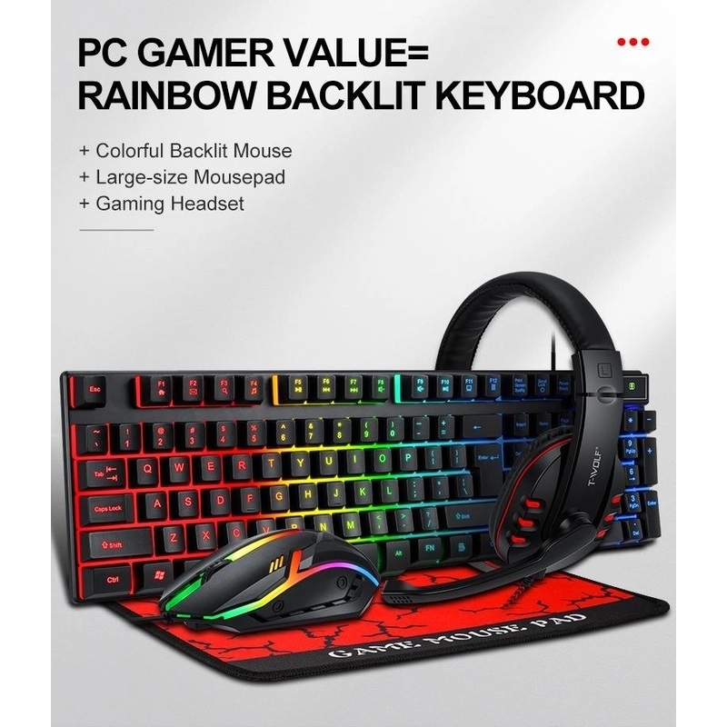 T-Wolf TF800 RGB 4-pcs Gaming Keyboard/Mouse/Headphone/Mouse Pad Kit Set view 2