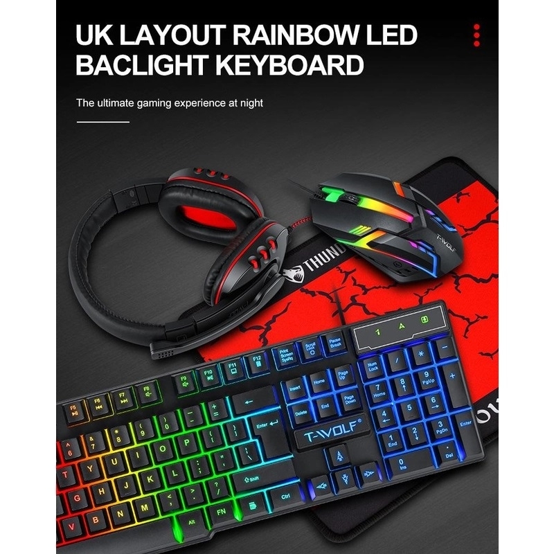 T-Wolf TF800 RGB 4-pcs Gaming Keyboard/Mouse/Headphone/Mouse Pad Kit Set view 4