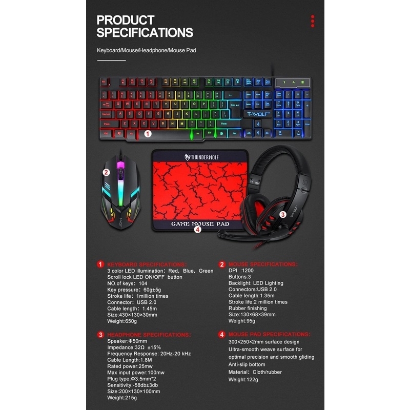 T-Wolf TF800 RGB 4-pcs Gaming Keyboard/Mouse/Headphone/Mouse Pad Kit Set view 8