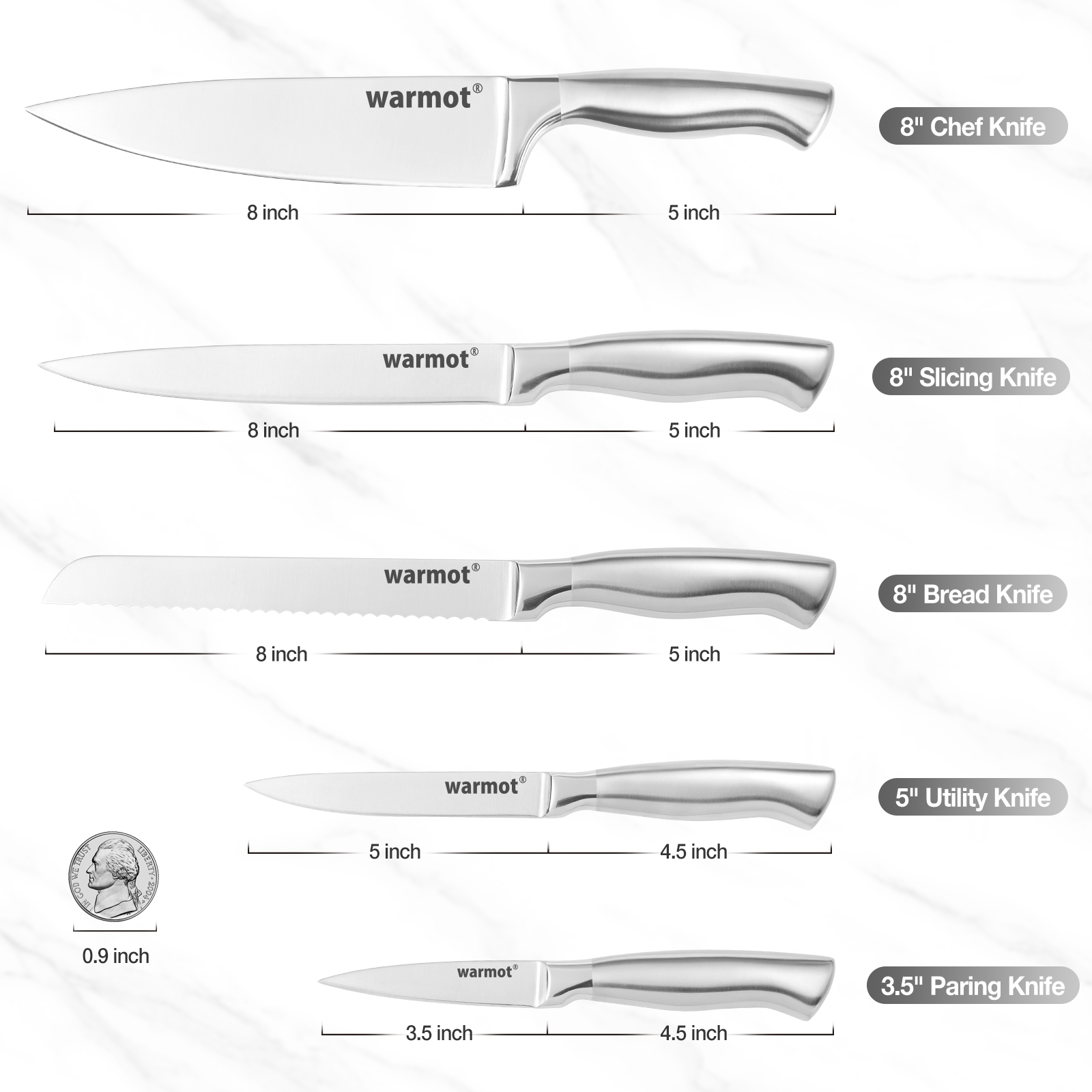Warmot 5-Piece Ultra Sharp High Carbon Stainless Steel Chefs Kitchen Knife Set view 2
