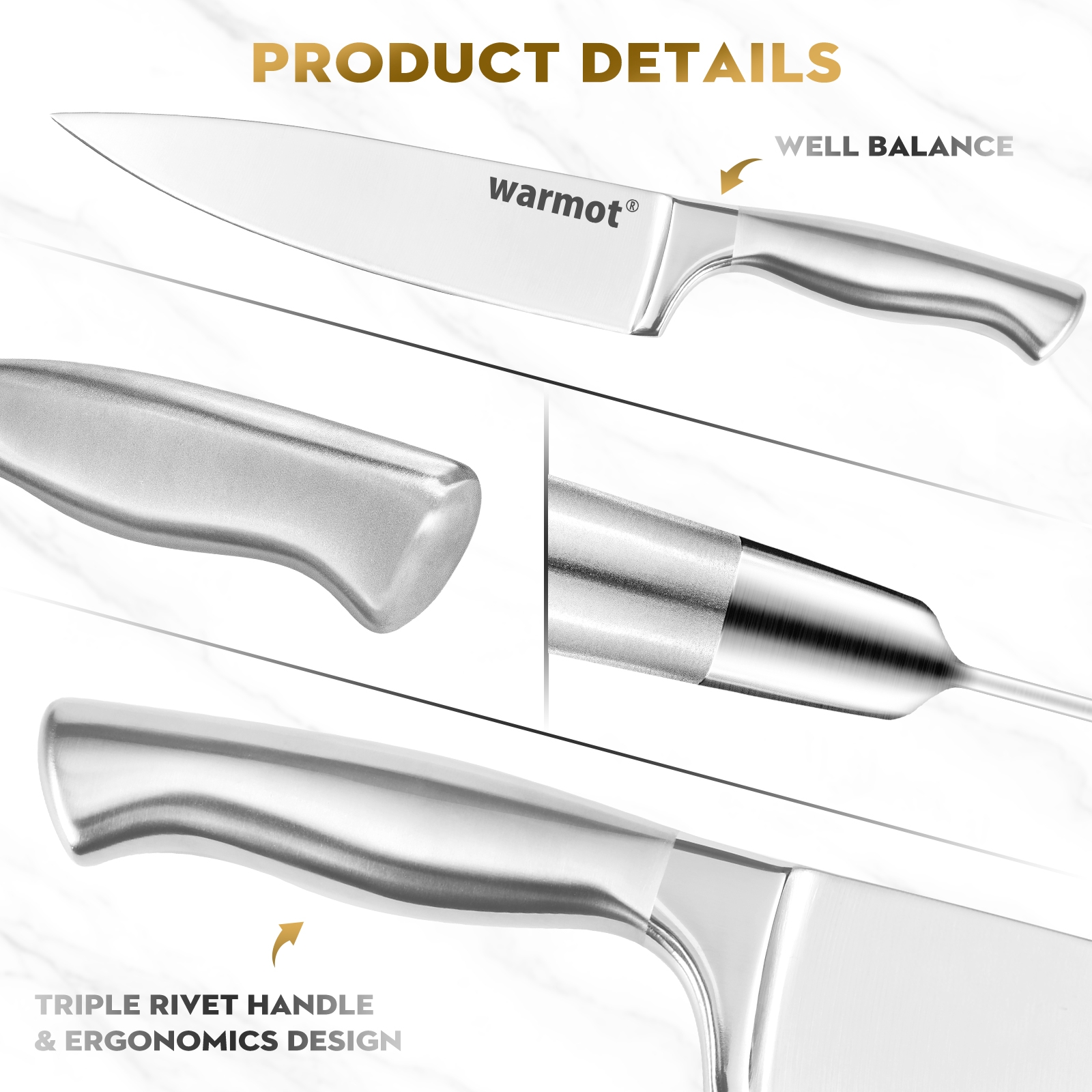 Warmot 5-Piece Ultra Sharp High Carbon Stainless Steel Chefs Kitchen Knife Set view 3