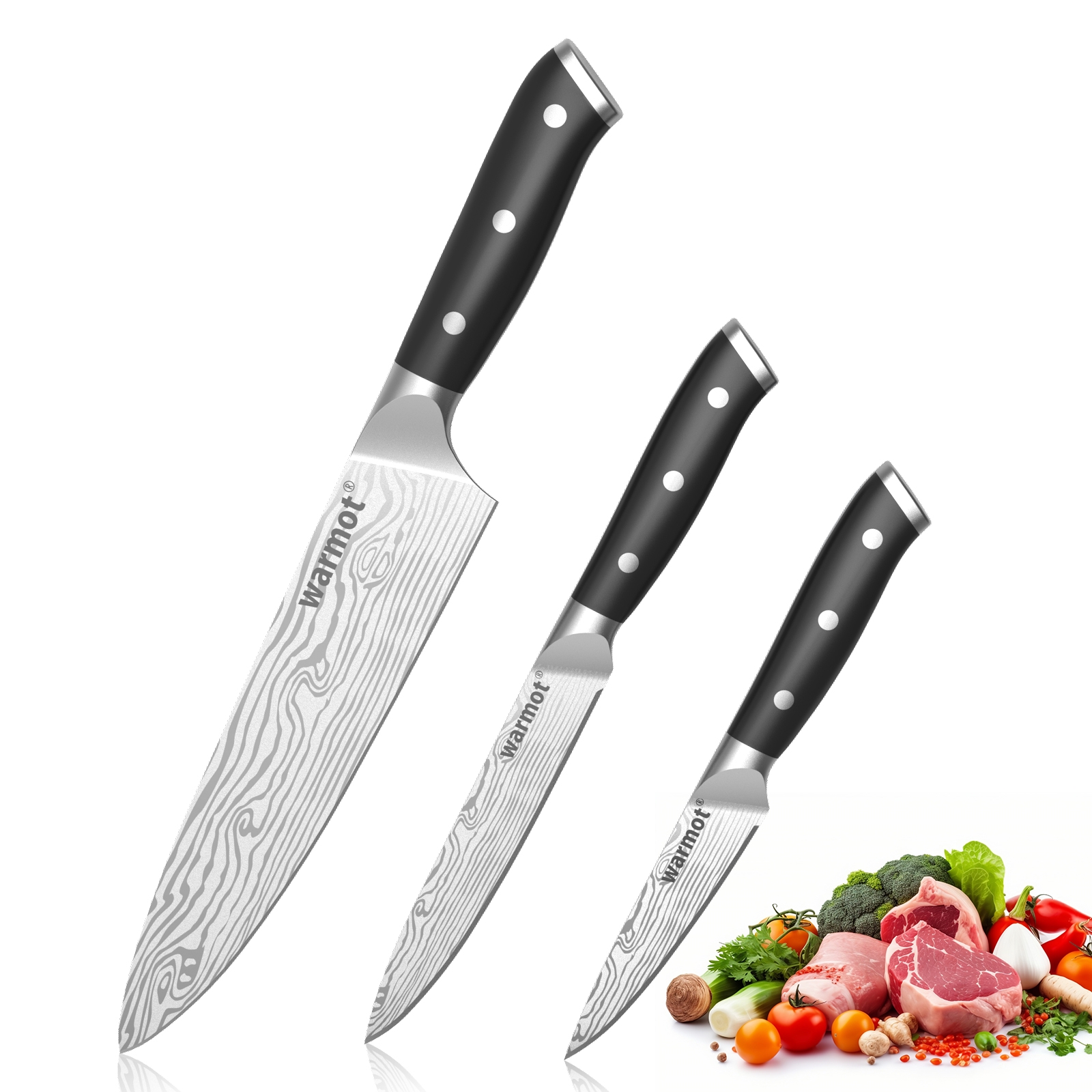 Warmot 3-Piece High Carbon Stainless Steel Cooking Knife Triple Riveted Handle