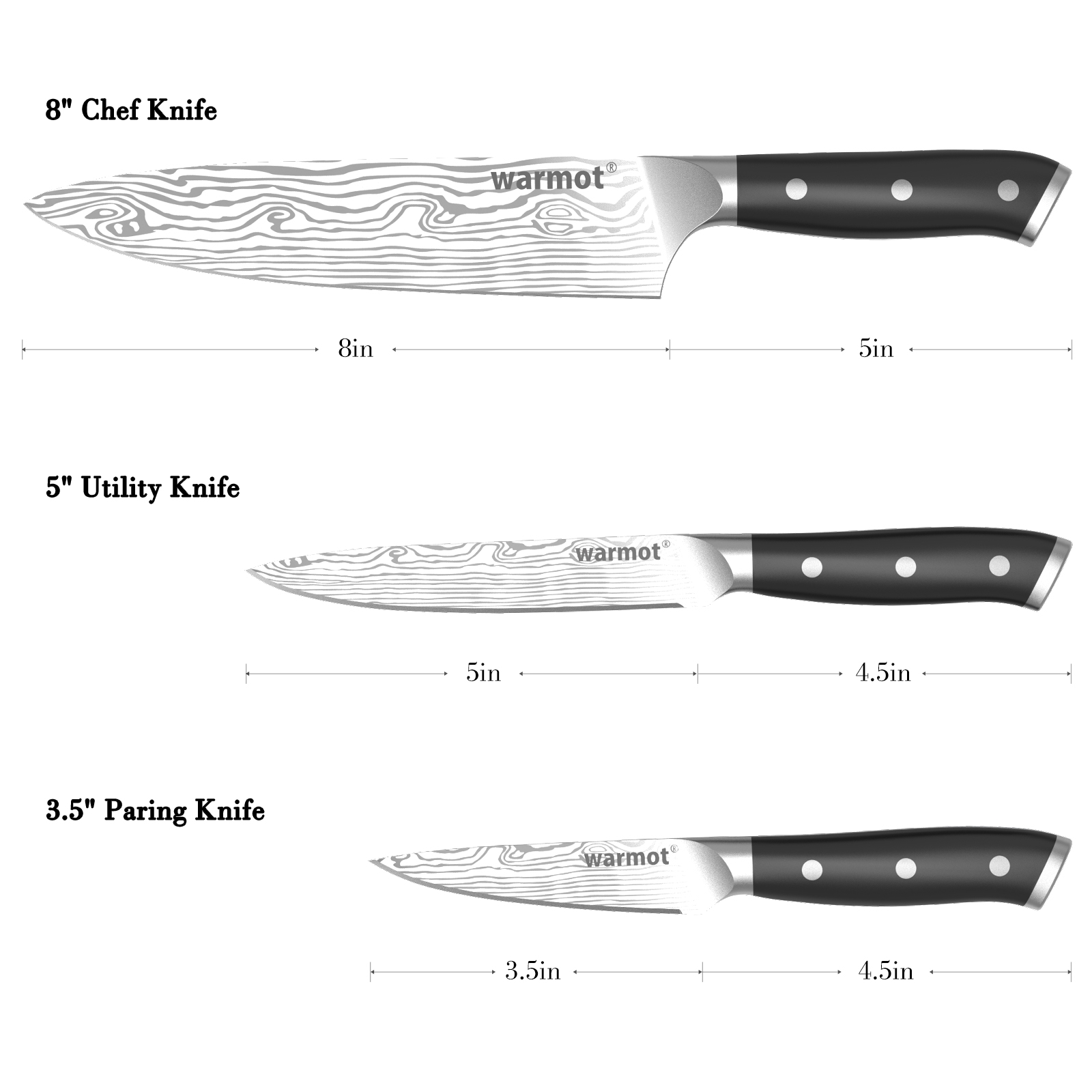 Warmot 3-Piece High Carbon Stainless Steel Cooking Knife Triple Riveted Handle view 2