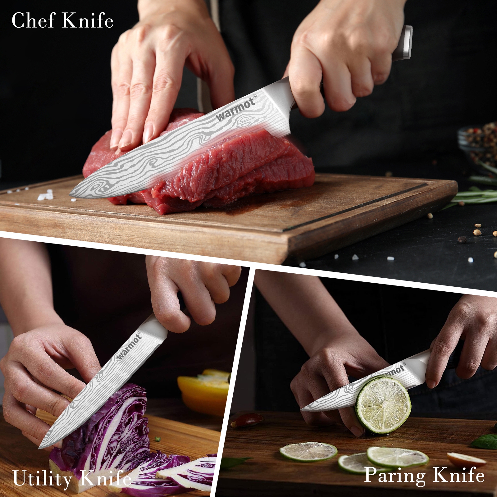 Warmot 3-Piece High Carbon Stainless Steel Cooking Knife Triple Riveted Handle view 5