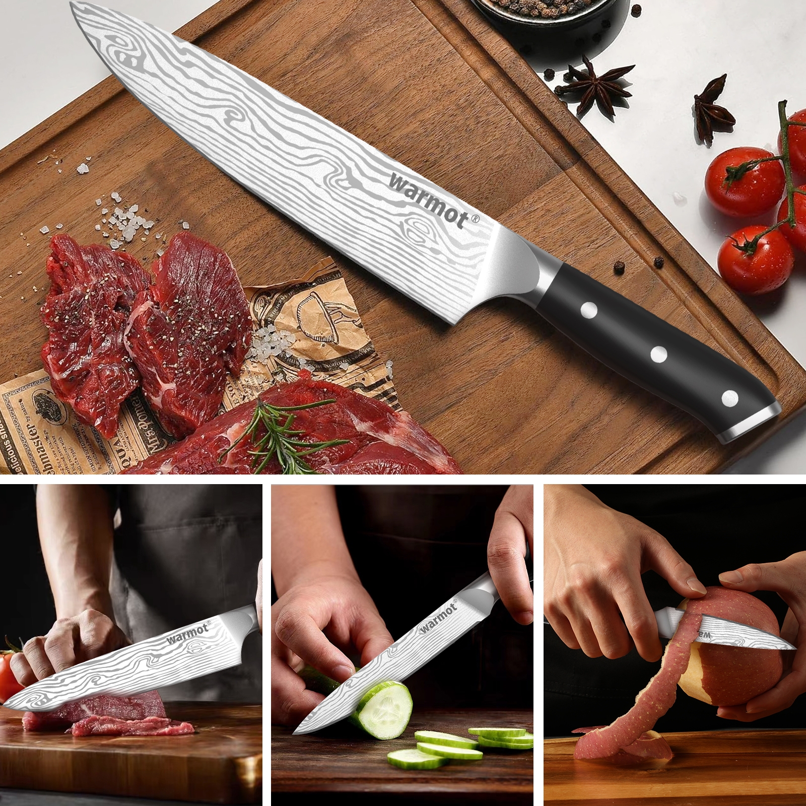 Warmot 3-Piece High Carbon Stainless Steel Cooking Knife Triple Riveted Handle view 7