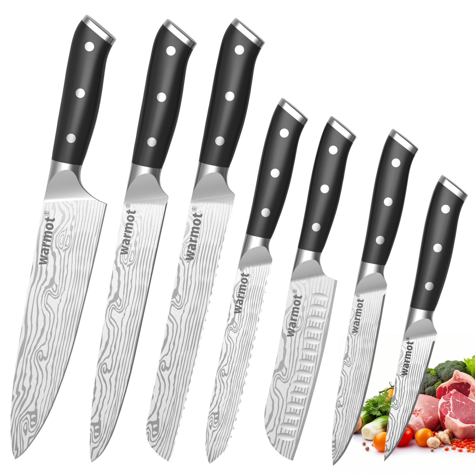 Warmot 7-Piece High Carbon Stainless Steel Cooking Knife Triple Riveted Handle