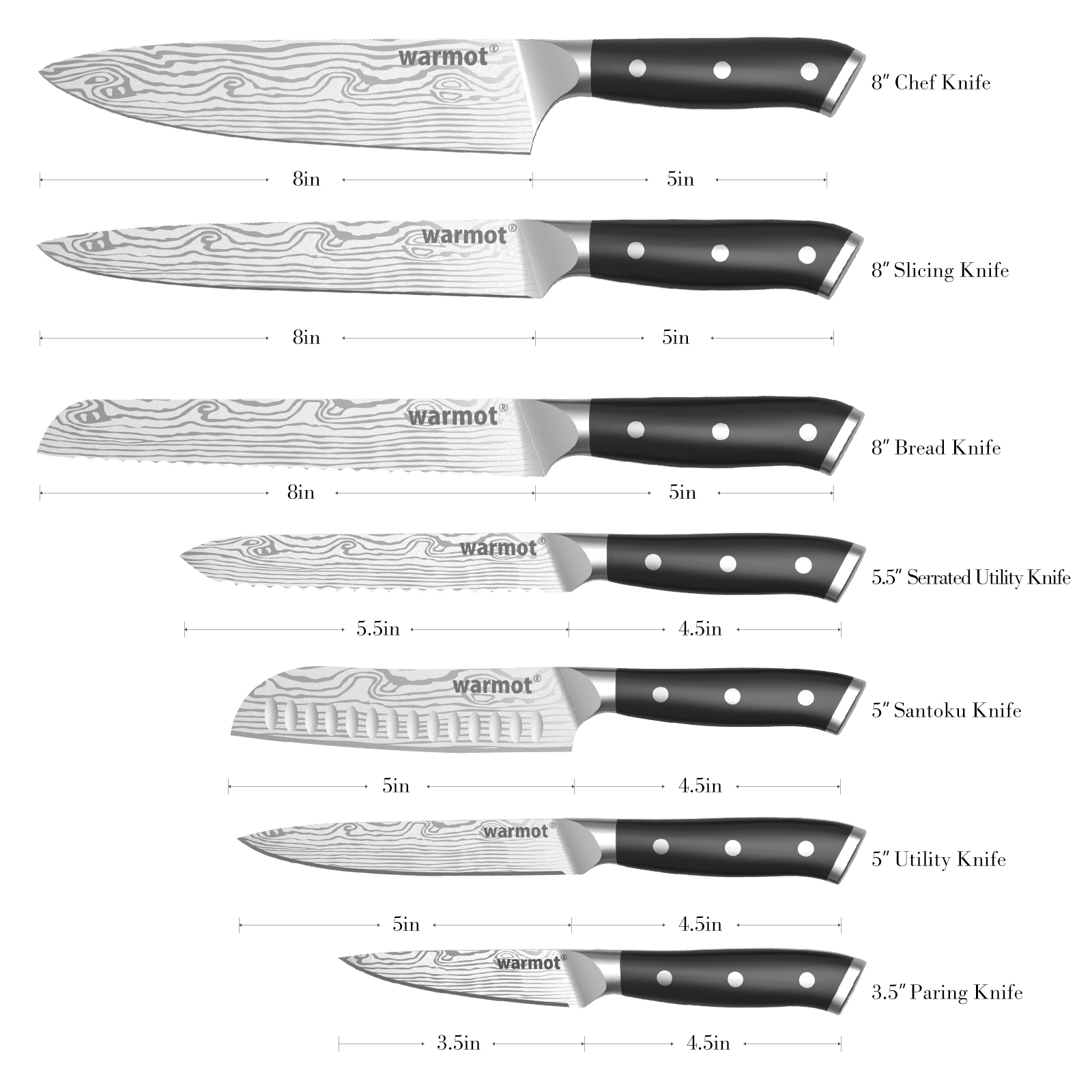 Warmot 7-Piece High Carbon Stainless Steel Cooking Knife Triple Riveted Handle view 2