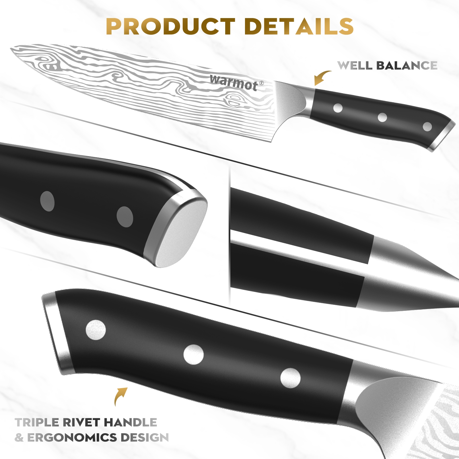 Warmot 7-Piece High Carbon Stainless Steel Cooking Knife Triple Riveted Handle view 3