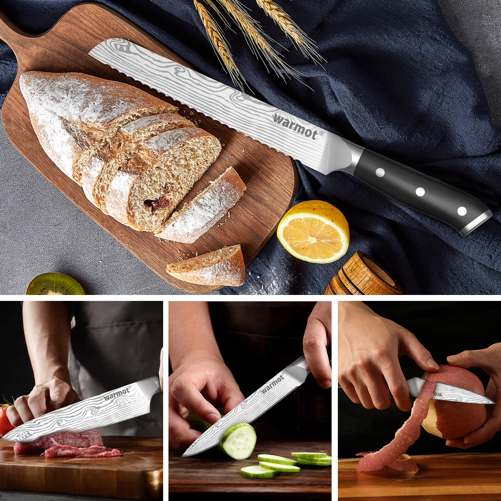 Warmot 7-Piece High Carbon Stainless Steel Cooking Knife Triple Riveted Handle view 5