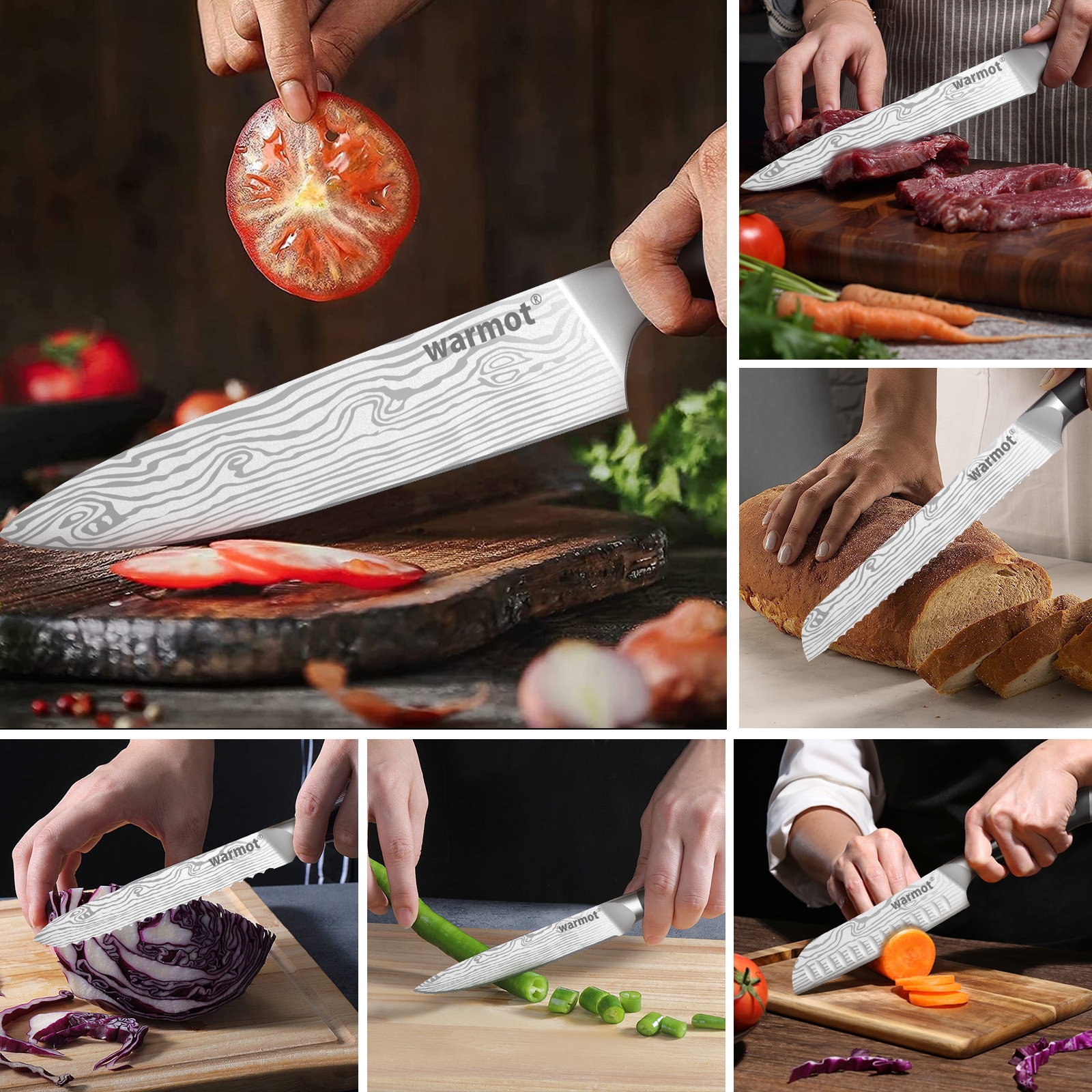 Warmot 7-Piece High Carbon Stainless Steel Cooking Knife Triple Riveted Handle view 7