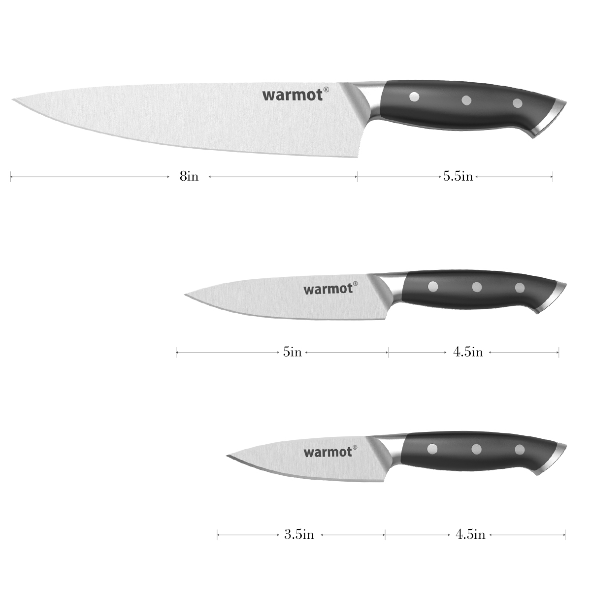 Warmot 3-Piece High Carbon Stainless Steel Ultra Chef Knife Set with Gift Box view 2