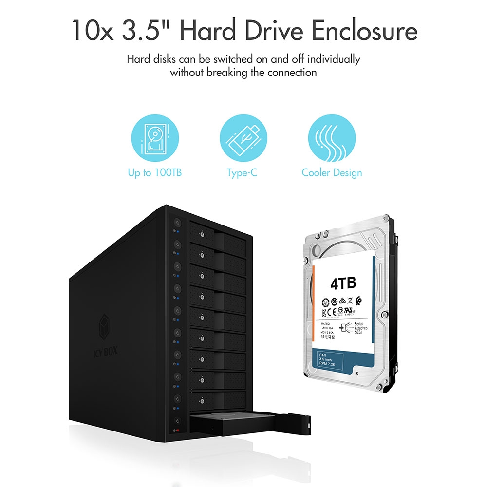 ICY BOX IB-3810-C31 SINGLE enclosure for 10x HDD with USB 3.1 (Gen 2) Type-C view 3