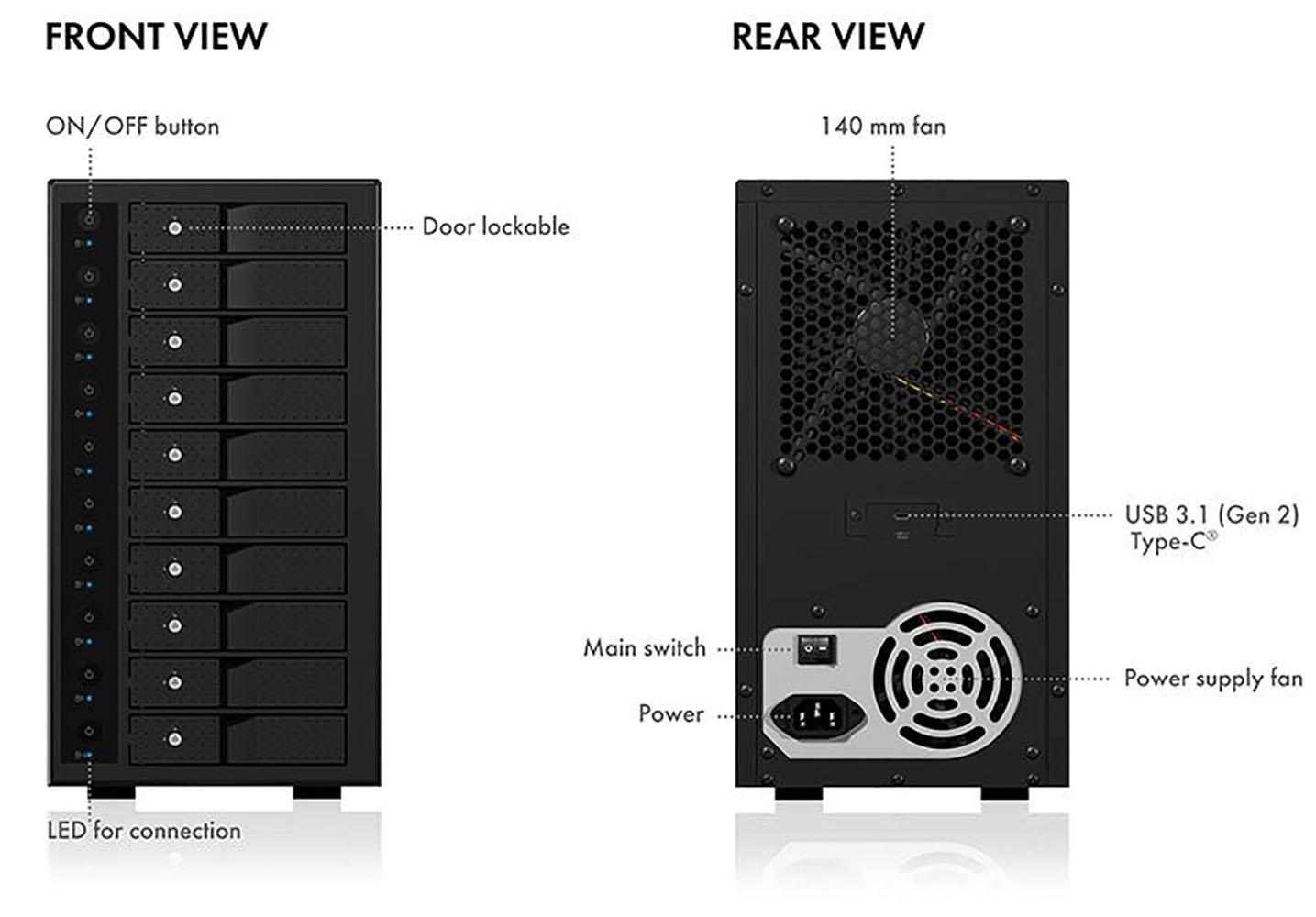 ICY BOX IB-3810-C31 SINGLE enclosure for 10x HDD with USB 3.1 (Gen 2) Type-C view 7