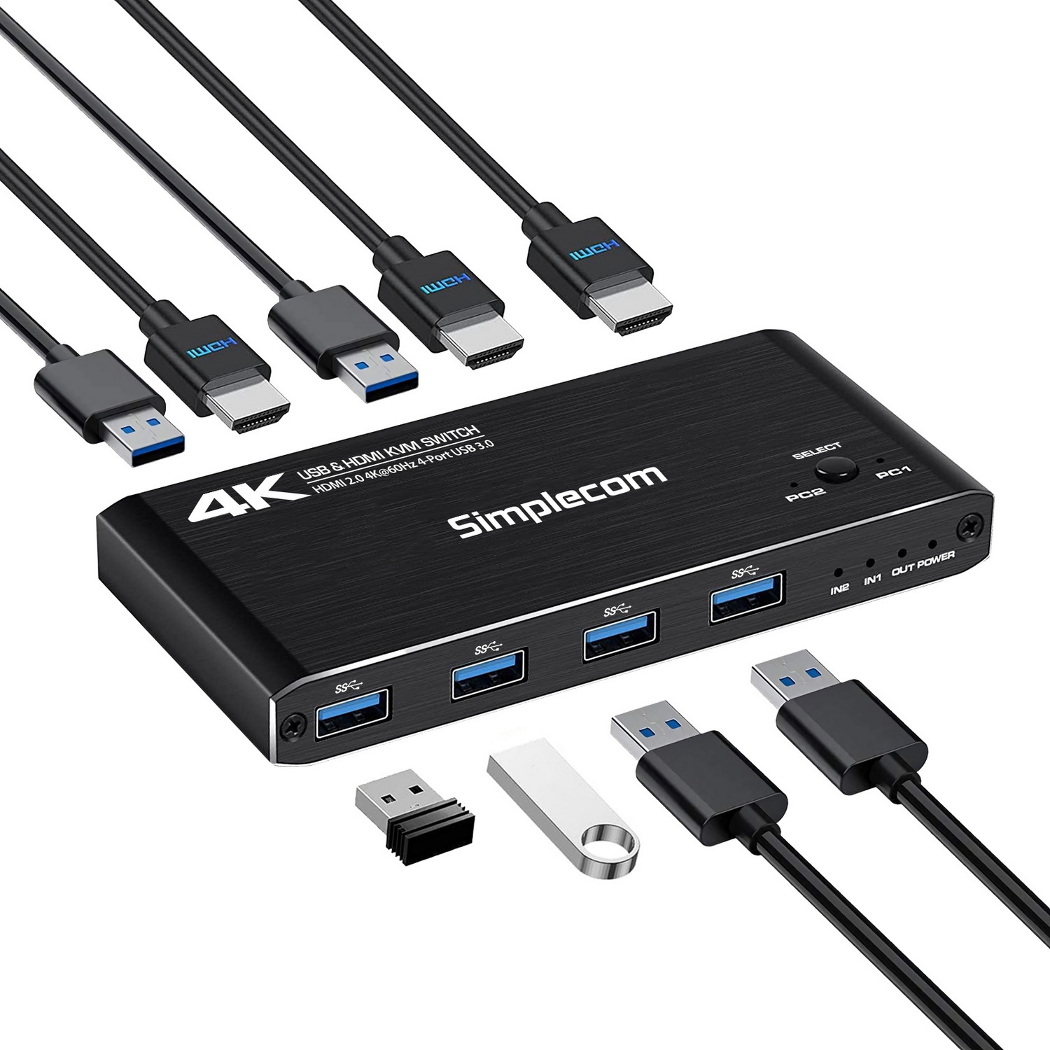 Simplecom KM420 2-Port HDMI KVM Switch HDMI 2.0 4K@60Hz 4-Port USB 3.0 Hub 5Gbps view 2