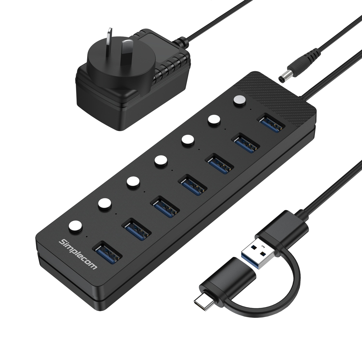 Simplecom CH375C USB-A and USB-C to 7-Port USB 3.0 Hub 5Gbps Individual