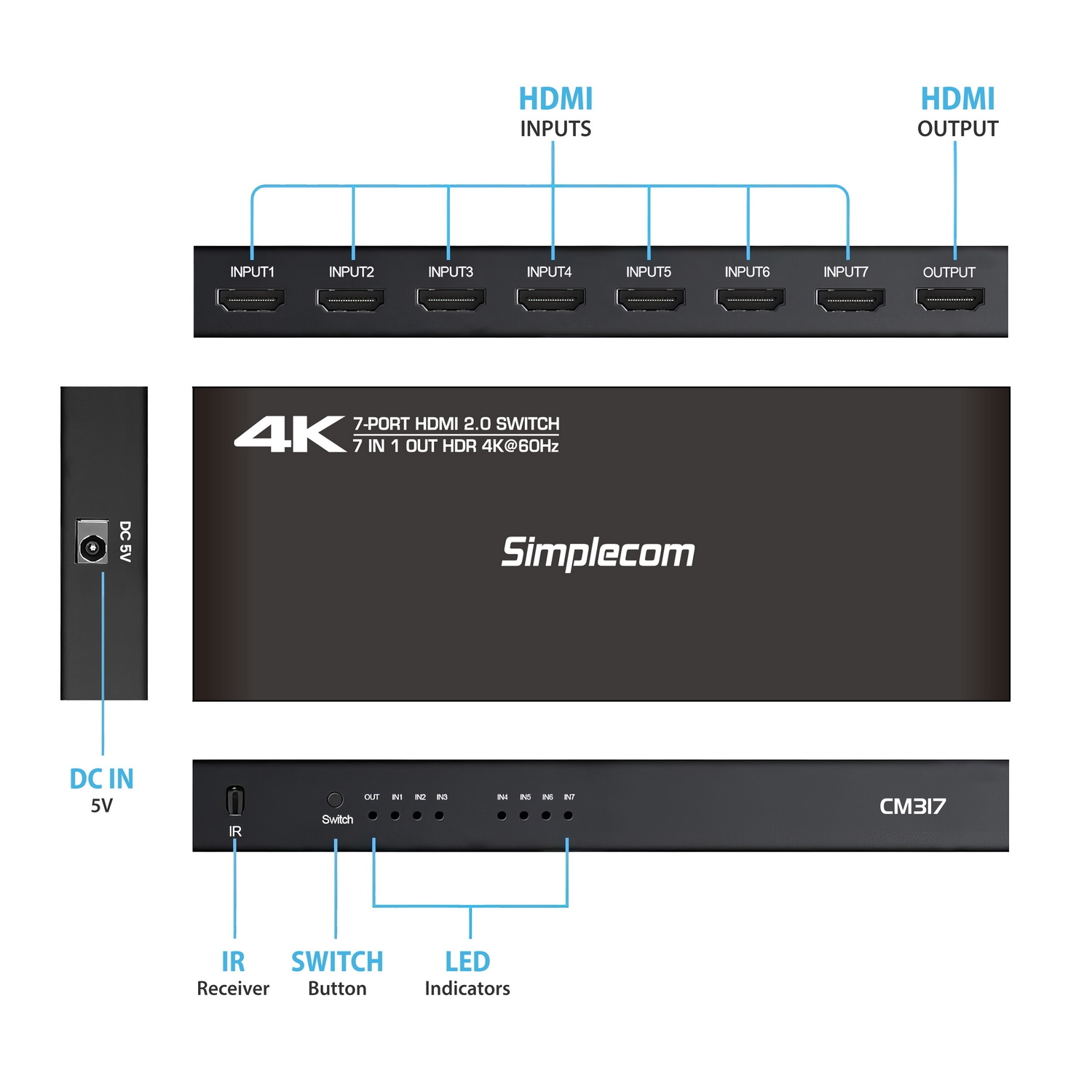 Simplecom CM317 7-Port HDMI 2.0 Switch with Remote 7 IN 1 OUT Splitter HDCP view 3