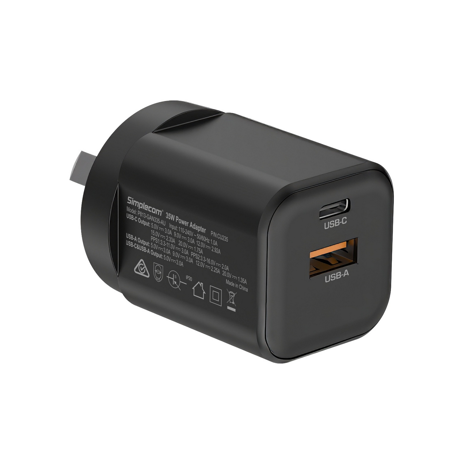 Simplecom CU235 Dual Port PD 35W Fast Wall Charger USB-C + USB-A for Phone Tablet view 2