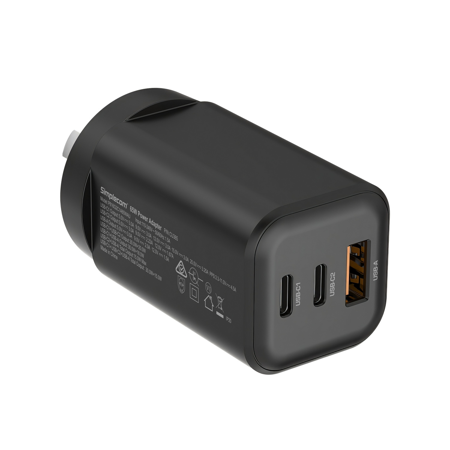 Simplecom CU365 3-Port PD 65W GaN Wall Charger Dual USB-C + USB-A for Phone Laptop view 2