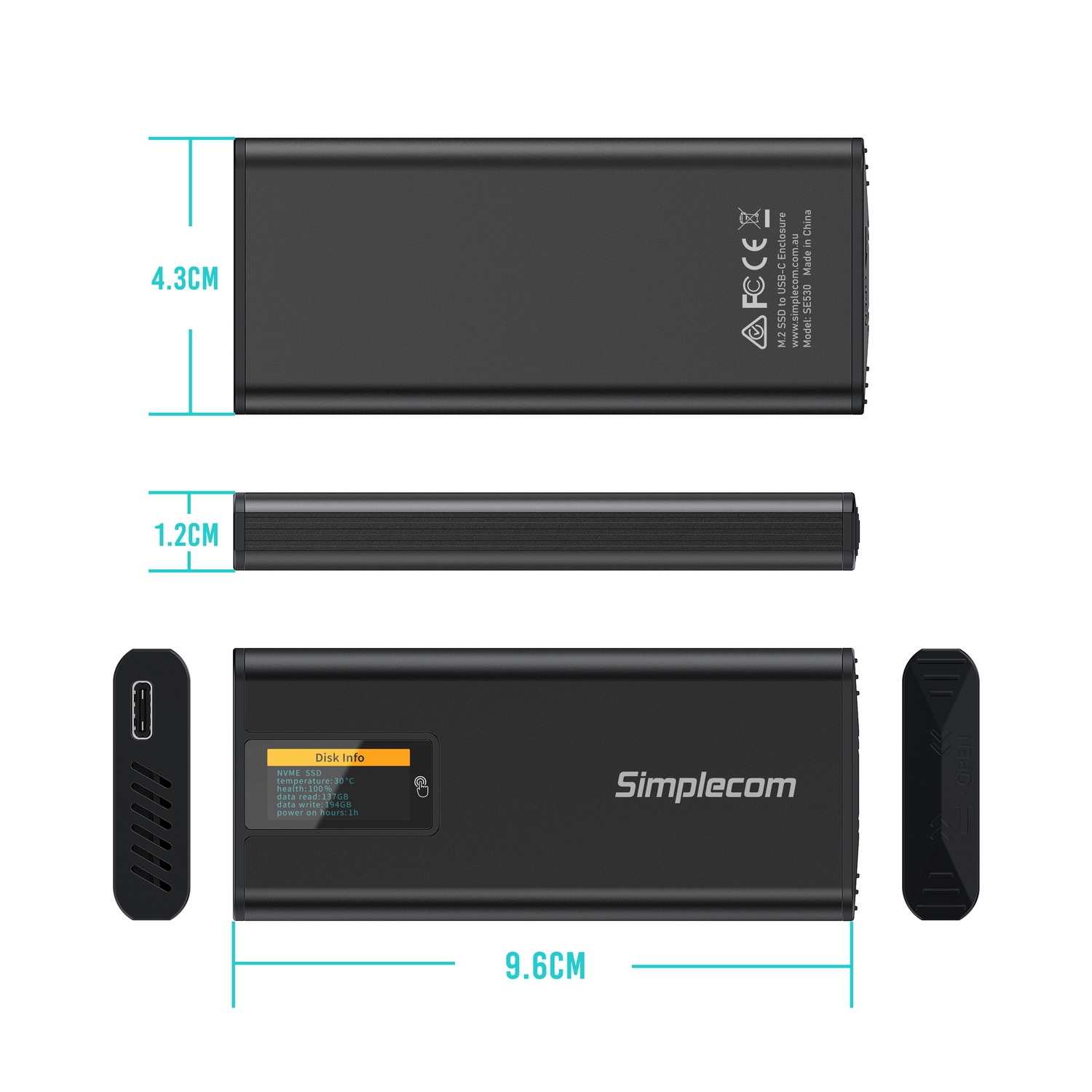 Simplecom SE530 NVMe / SATA M.2 SSD to USB-C Enclosure with SMART LED Screen view 5