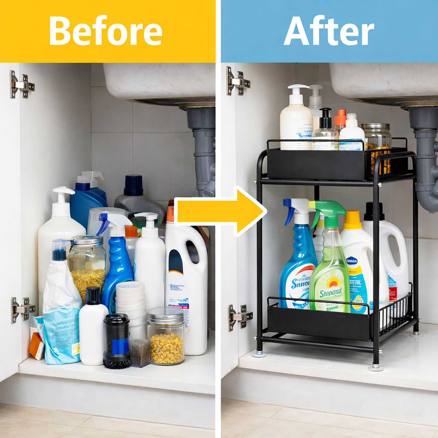 2 Tier Under Sink Storage Rack Kitchen Organizer Steel Frame with Removable view 6
